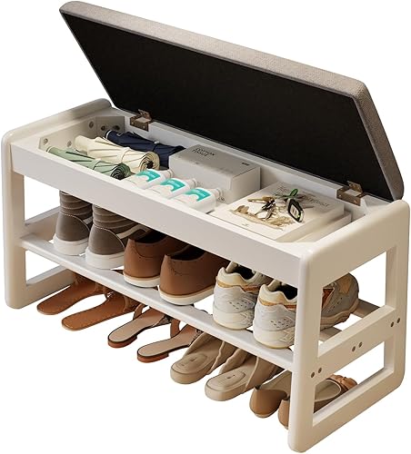 Miniatura 9 de AQIMUELE Banco pequeño para zapatos, banco de zapatos de 2 niveles con almacenamiento con tapa abatible, zapatero de madera para entrada, pasillo