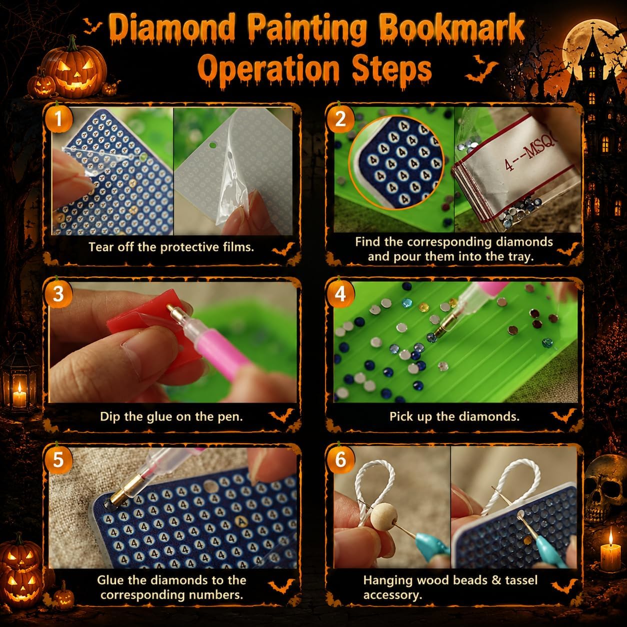 5 Pack Horror Theme Diamond Art Bookmarks,Halloween Diamond Painting Bookmarks for Book Lovers 5D DIY Bookmark Crafts Diamond Art Kits for Adults Beginner DIY Diamond Dots Gem Art Kit