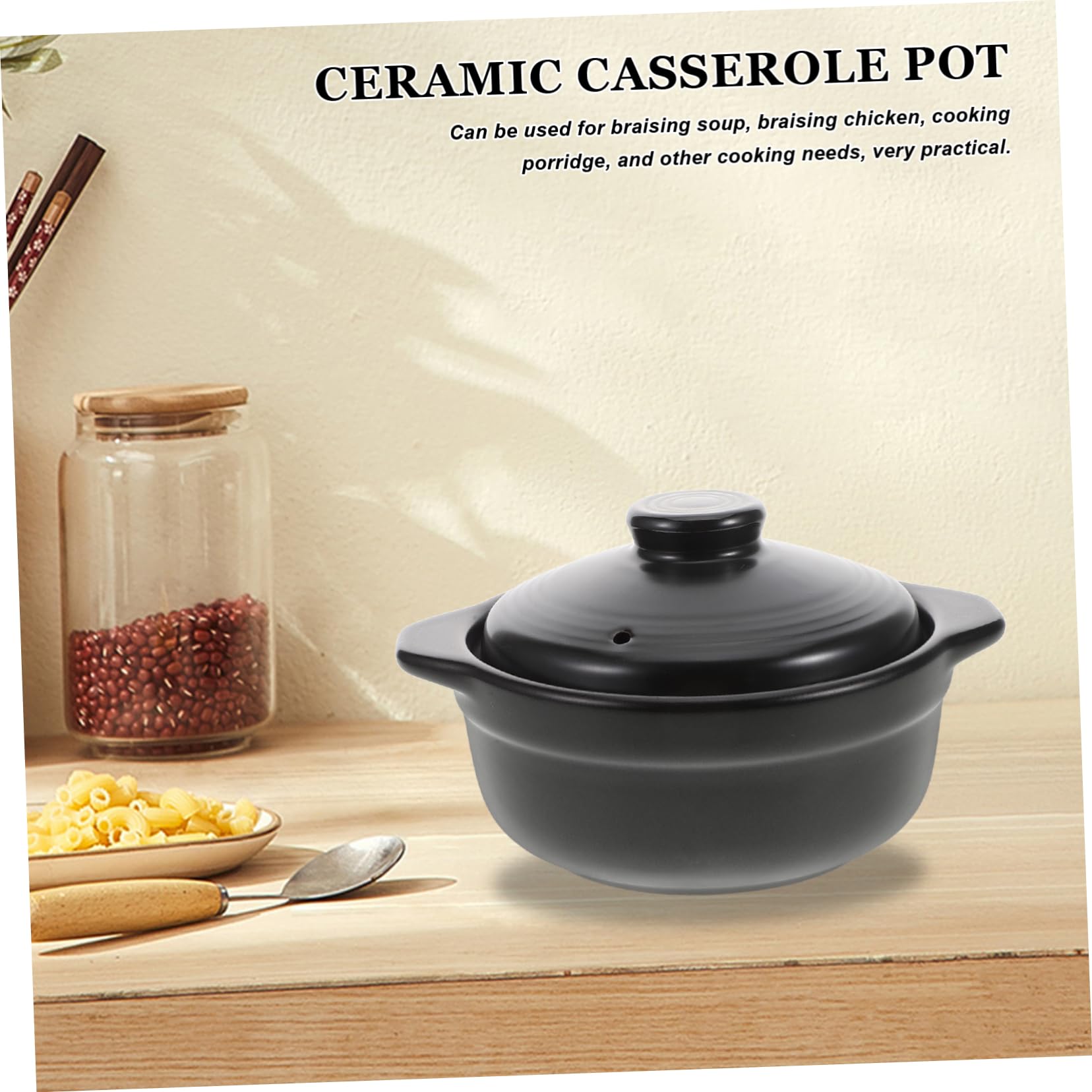 IMIKEYA Pentola in Terracotta Nera Resistente al Calore a Forte Accumulo Termico Doppia Maniglia da 1,26l per Brasare e Preparazioni in Cucina