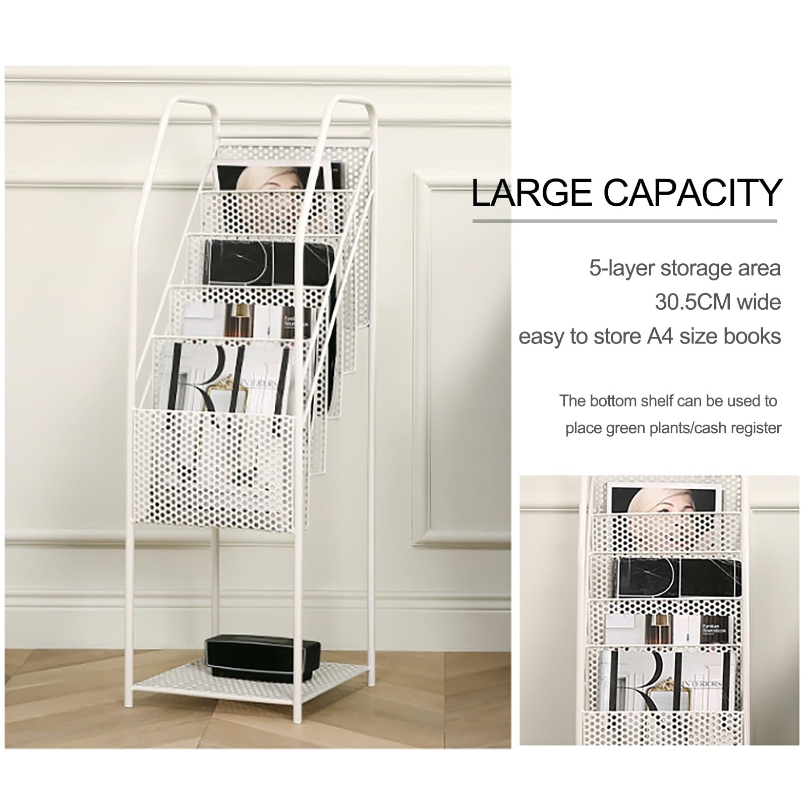 Prospektständer im Hochformat, 5 GroßE Taschen Iron Zeitschriftenständer Magazine Rack Stand, Prospekthalter für Menüs Prospeketen Katalogen Preiskarten(Black)