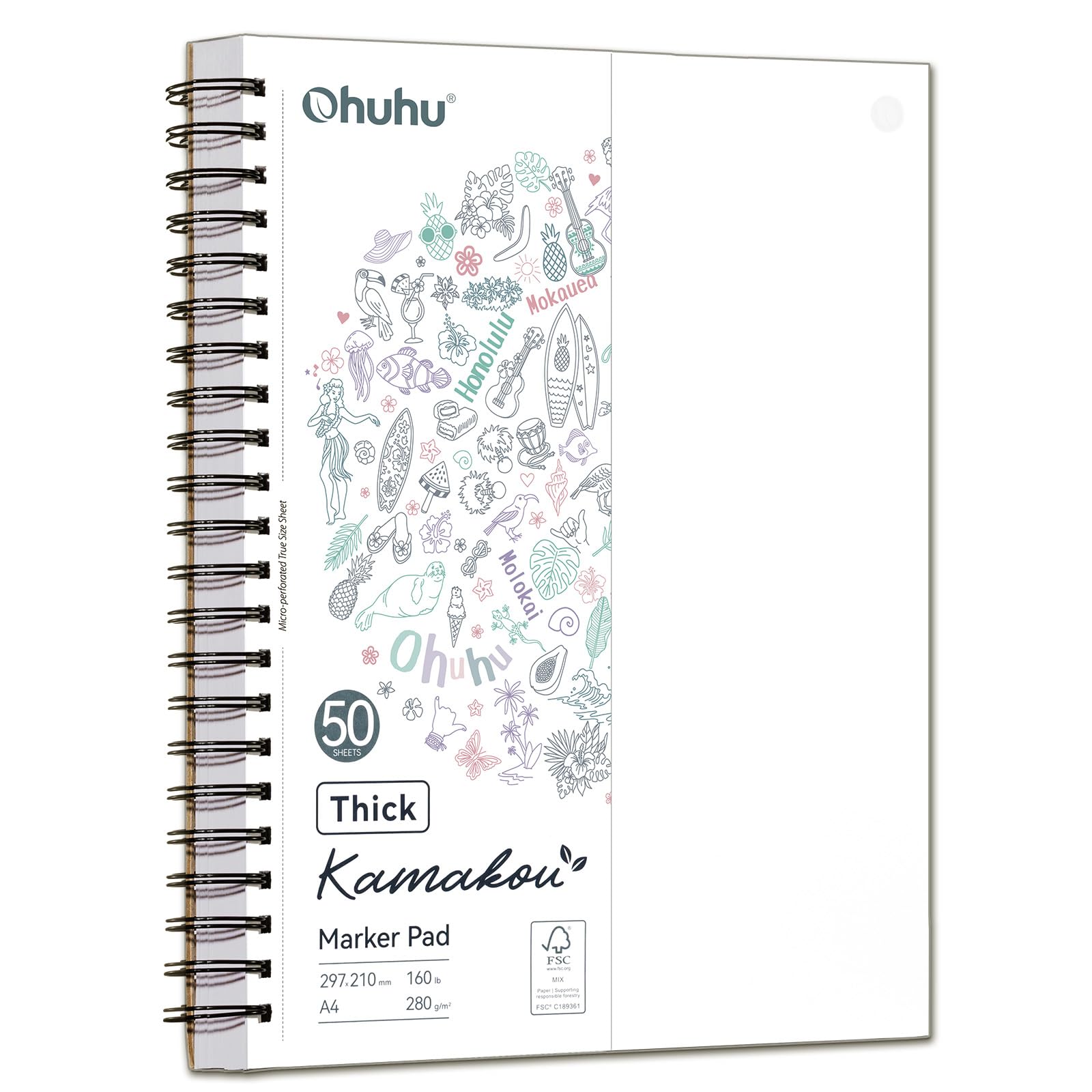 Ohuhu Cuaderno de Dibujo A4 - Sin Traspaso, Papel Extra Grueso Mejorado 280 g/m² – 50 Hojas (100 Páginas) Usables por Ambos Lados – Encuadernación en Espiral – Para Rotuladores Alcohol