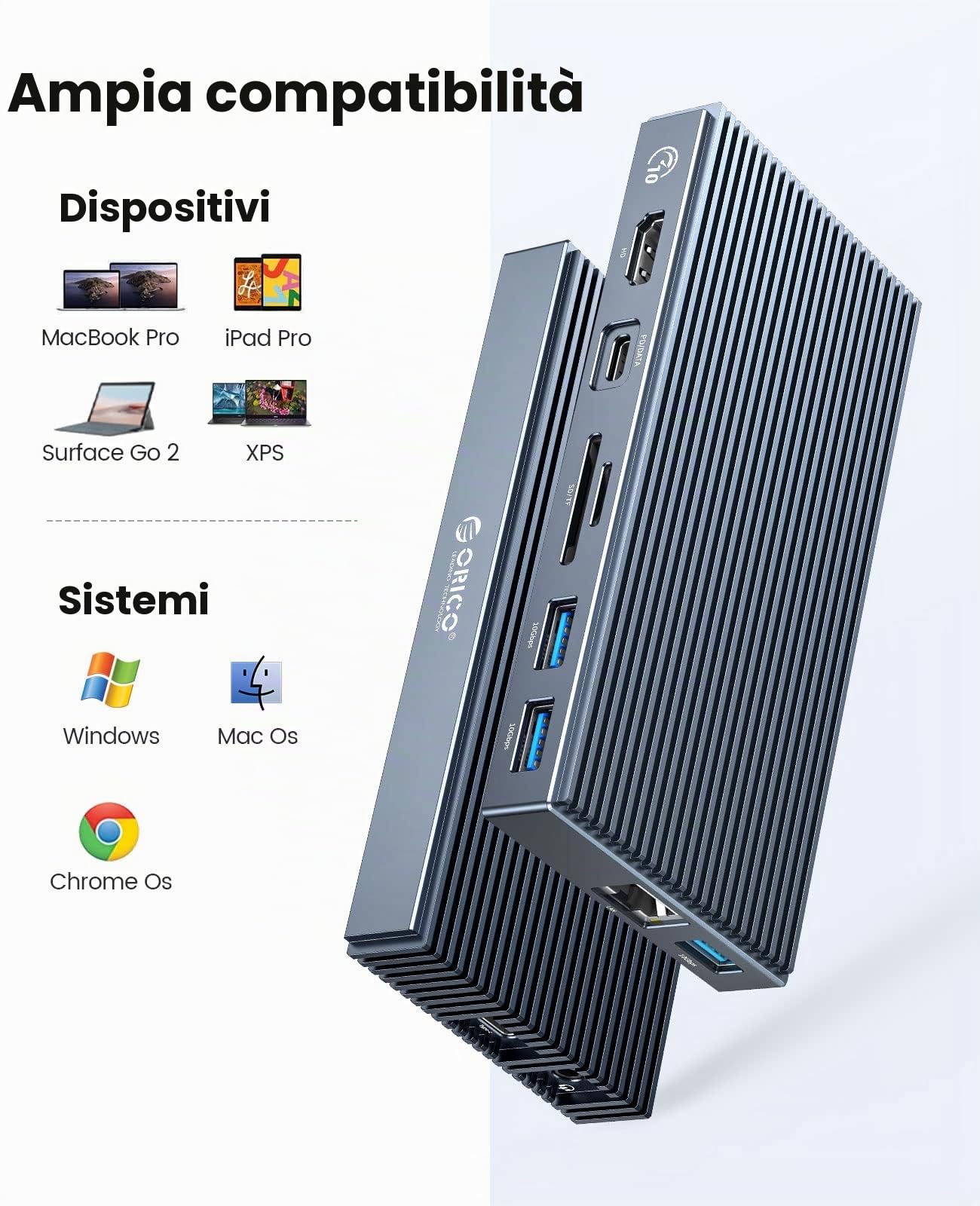 ORICO Docking Station USB C con M.2 NVMe SSD Enclosure, 9-in-1 Hub Adattatore con 100W PD, 3 Porte USB 3.1, HDMI 4K 30 Hz, TF/SD, Ethernet RJ45, Audio/Mic da 3,5 mm