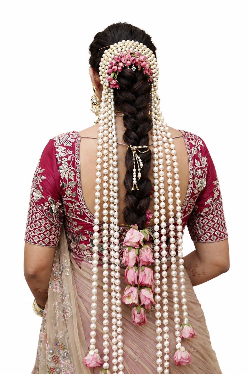Bridal Pearl Paranda with Pink Floral Hair Accessories, Wedding Braid Decoration, Dupatta Style for Brides-picture-28