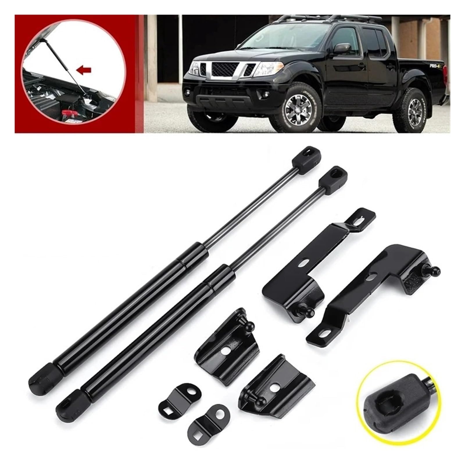 Podnośniki przedniej maski do Nissan Frontier, Navara, D40, Pathfinder i Xterra (2004-2018): sprężyny gazowe, amortyzatory hydrauliczne.