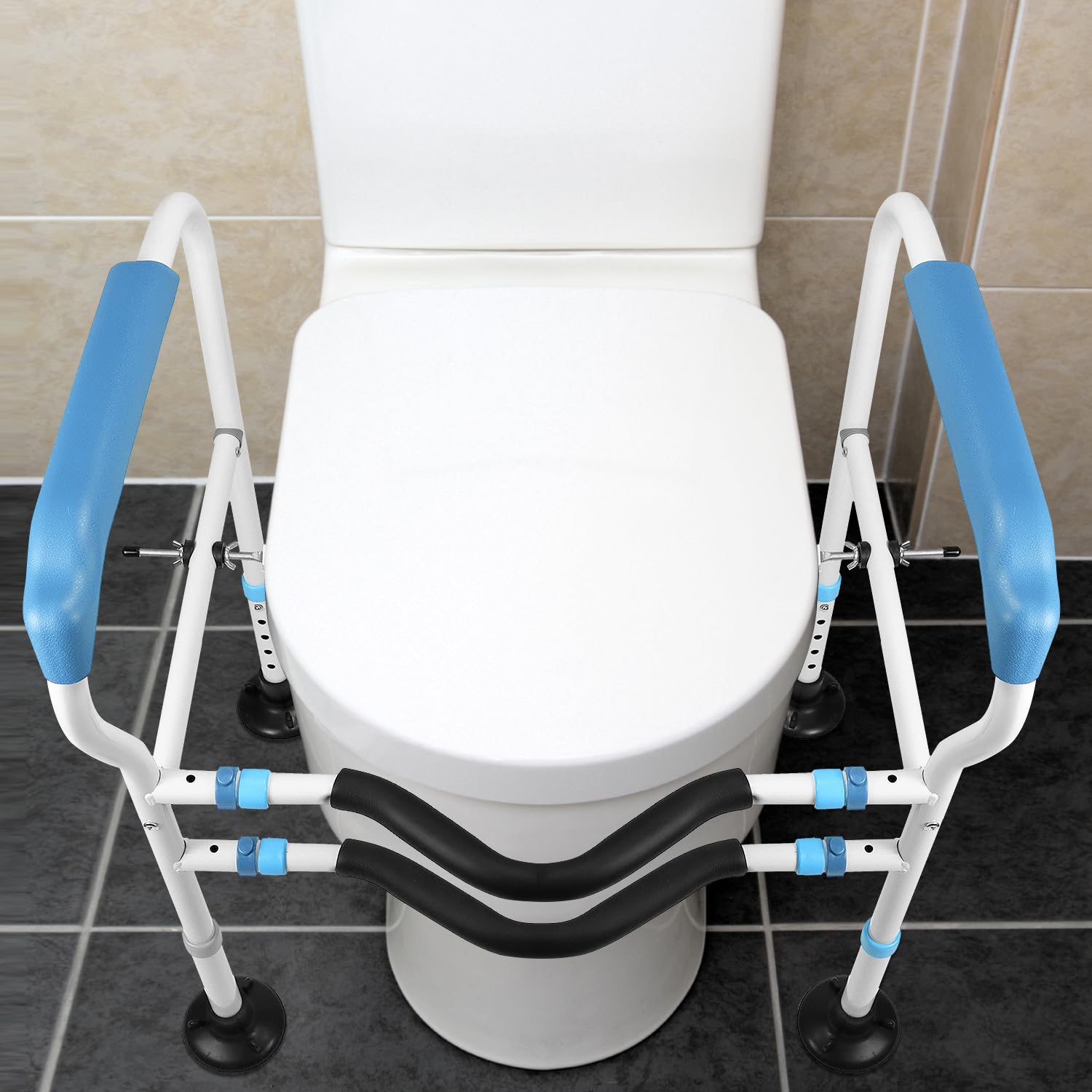 QWORK® Ausilio per il sollevamento della toilette - Maniglione ergonomico, Altezza regolabili (64-74cm) e larghezza regolabili, Piedini a ventosa rinforzati