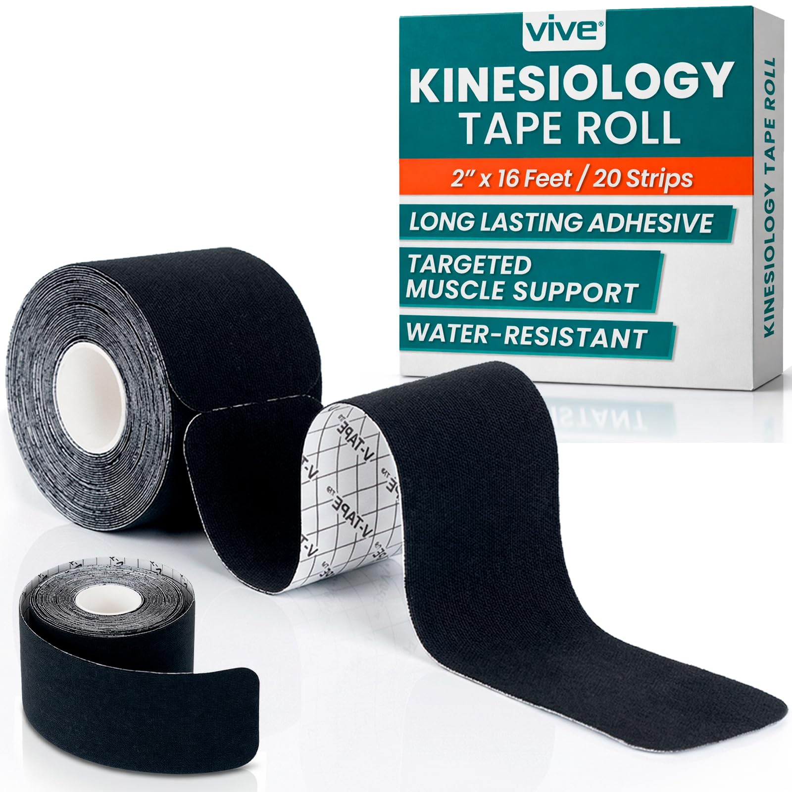 Vive Kinesiology Tape Roll - Tape Precut Strips (2" x 16 Feet/20 Strips) - Kinesio Sports Tape Athletic - Knee, Shoulder, Ankle, Muscle K Tape