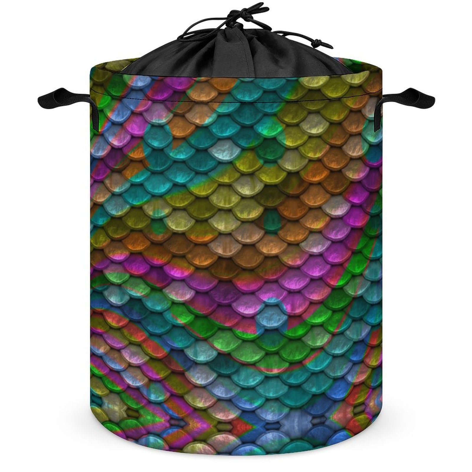 Wlntrophic Drawstring Laundry Hamper, Rainbow Fish Scales Laundry Basket, Washing Basket with Handle