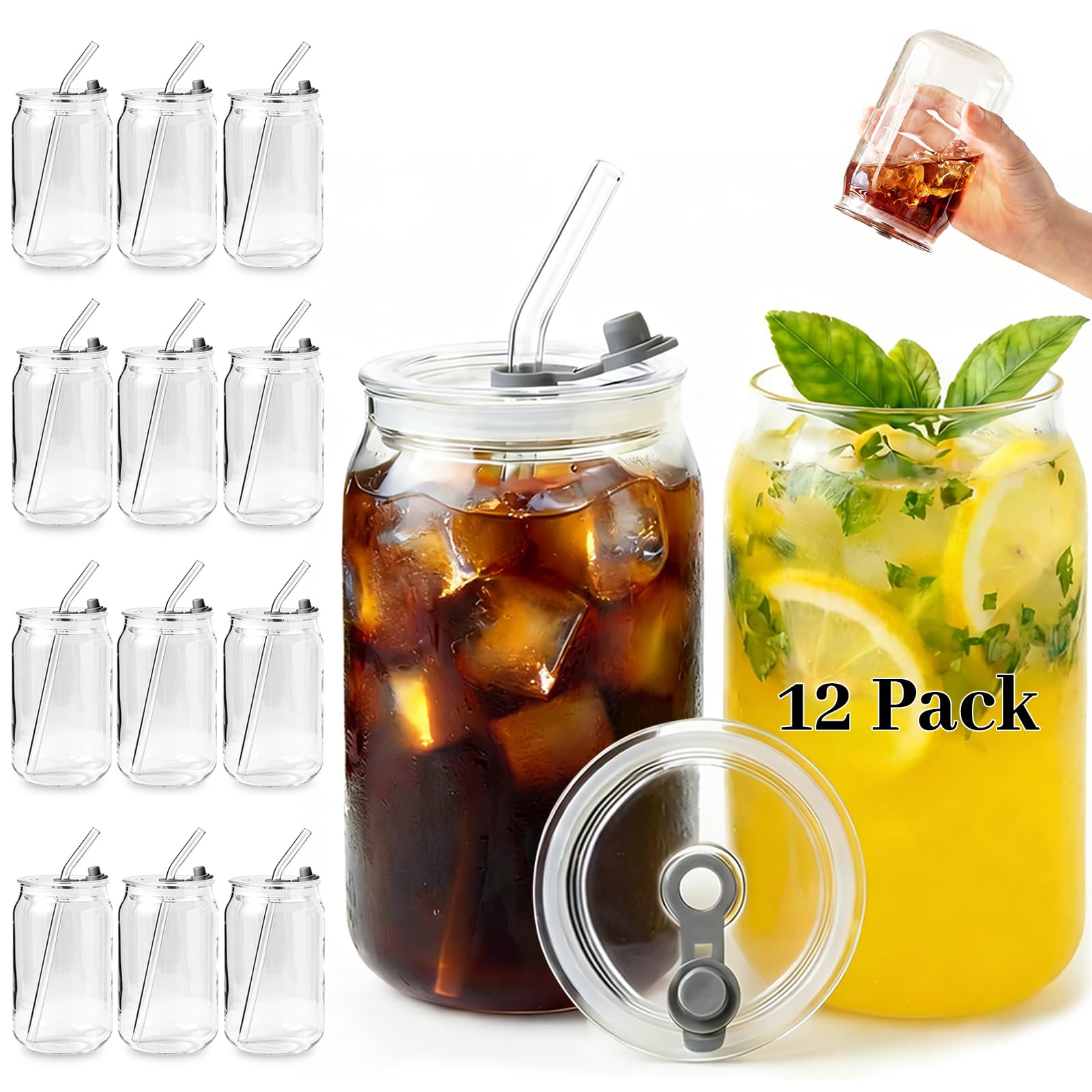 Leakproof Glass Cups with Plastic Lids and Straws, 16oz Iced Coffee Cup, Drinking Glasses Tumbler for Water, Boba Tea, Smoothie - 12pcs