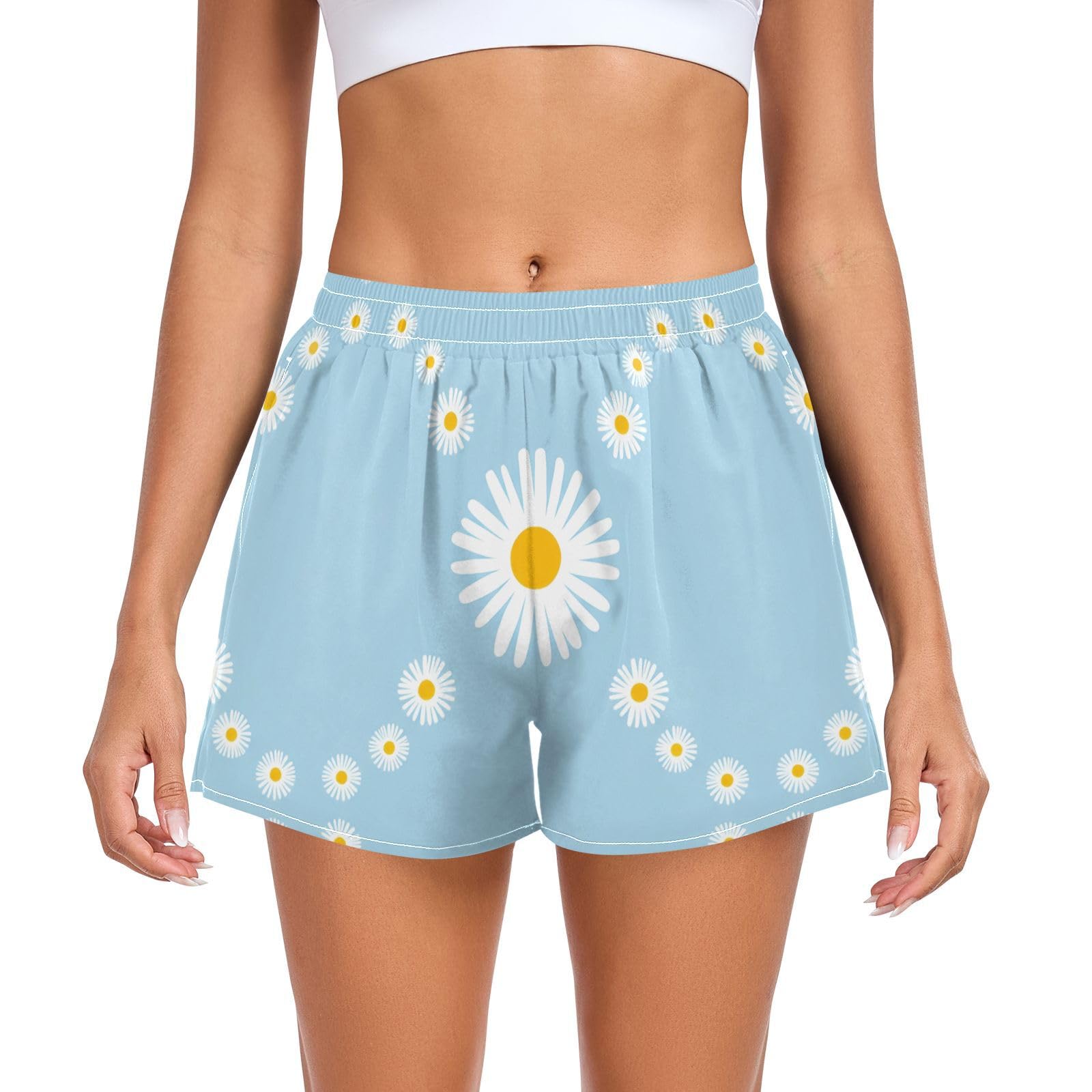 UMIRIKO Women Athletic Shorts White Daisy Yellow Running Shorts for Women 2XL 202c1443