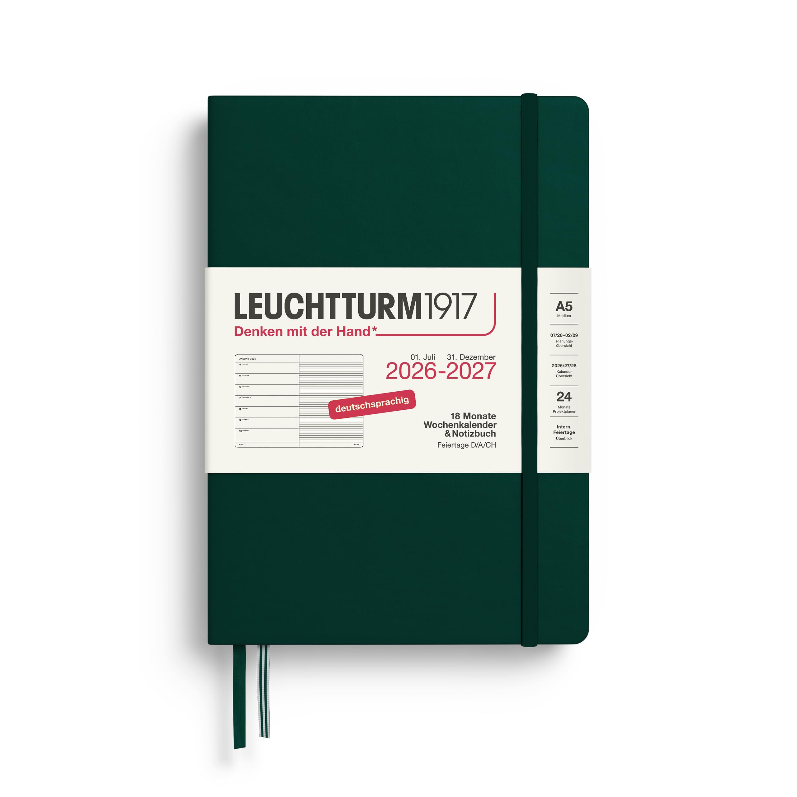 LEUCHTTURM1917 Weekly Calendar 2027 A5 with Notebook, Lined, Diary German, 18 Months July 2026 - December 2027, Forest Green, Hardcover 210 x 145 mm, Week to View Left + Note Page Right