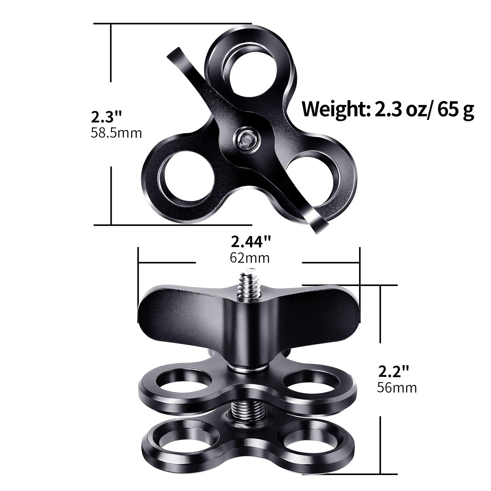 Aluminium Triple Trous Joint Pince pour Plongée sous-Marine, Système de Plateau de Bras Léger, Clip 360° pour Caméra d'Action, Bras de Lampe de Poche (2PCS)
