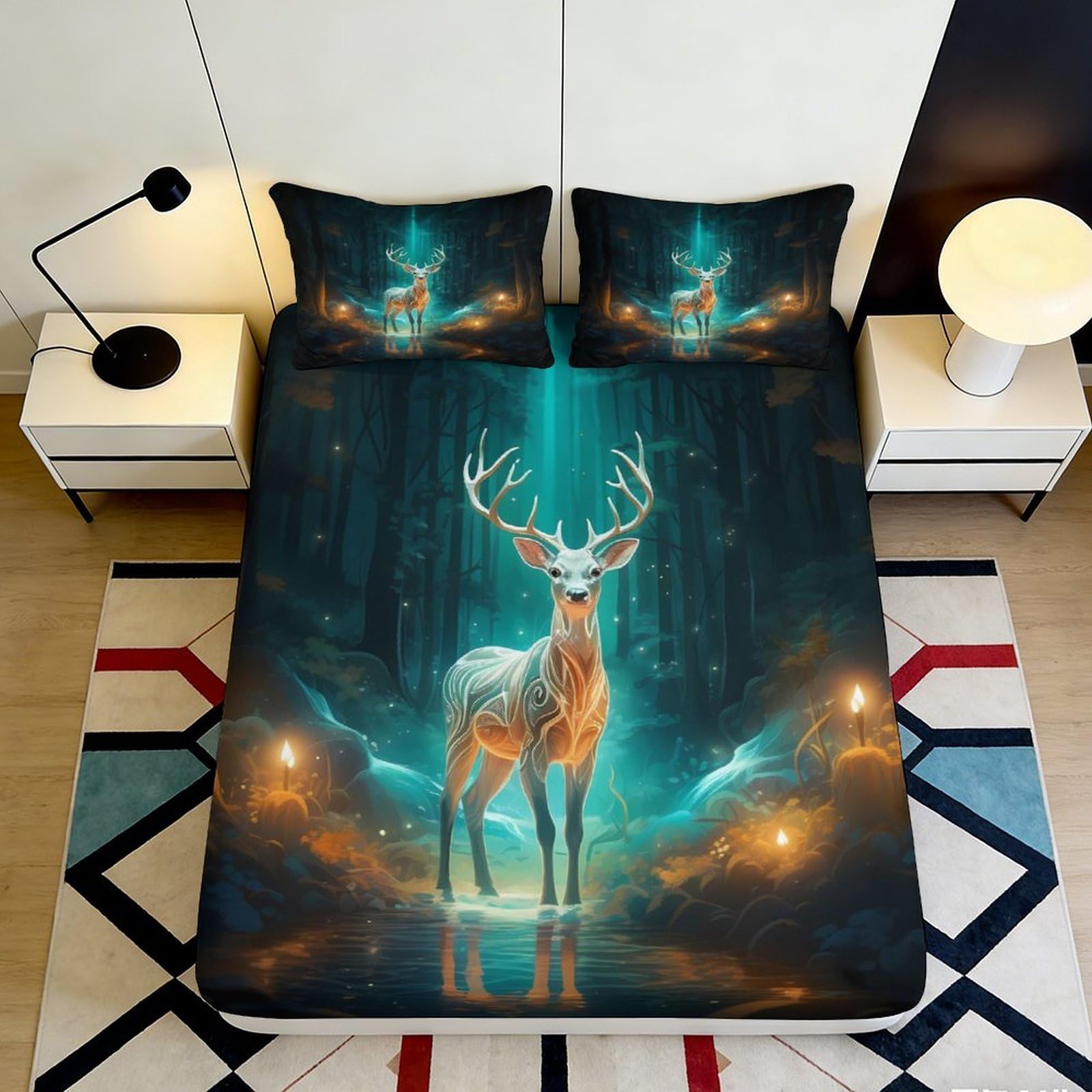 3D Printed Enchanted Forest Deer Fitted Sheet Microfiber Soft Anti-Slip Bed Cover for Bedroom Guest Room Mattress Protection Decor 90x200x25cm
