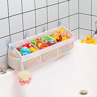 Austion 3-Compartment Large Bath Toy Organizer for Tub - Quick-Dry Mesh Holder with Strong Hooks, Easy Kid Access
