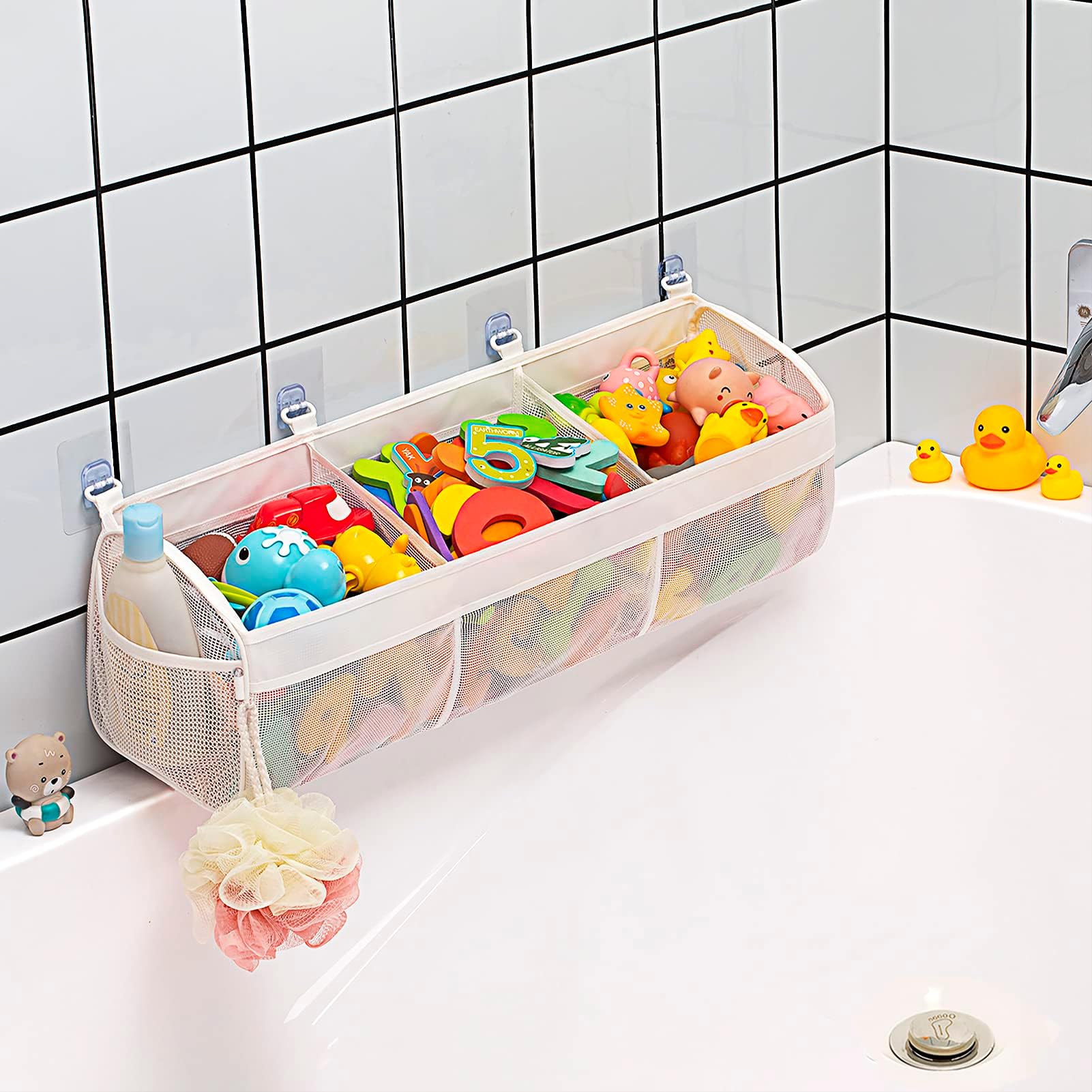 Original 3 Compartment Horizontal Large Openings Bath Toy Organizer for Tub, Capacity Upgrade Bath Toy Storage and Holder, Bathtub Toy Holder for Easy Access and Sorting of Toys.