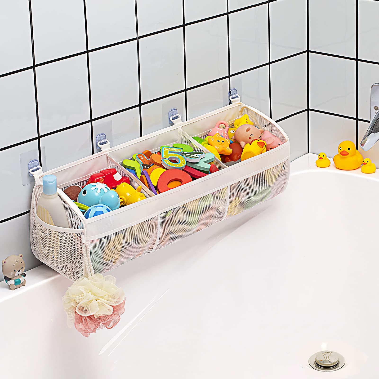 Filet De Rangement Salle De Bain - Sac à Jouets Aéré Anti-Moisissure - Ventouses Fortes - Organisation Bébé