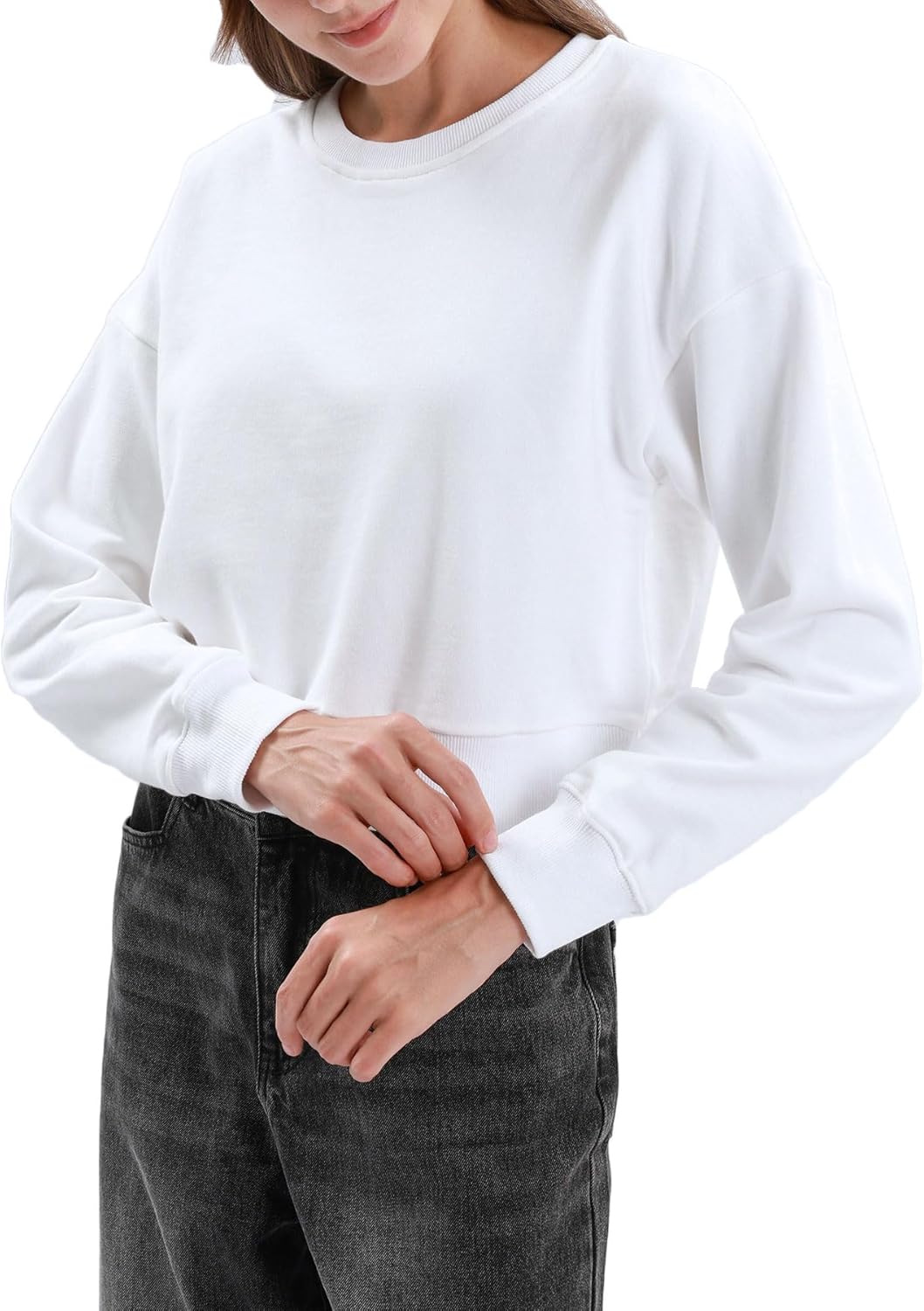 Amazhiyu Women's Cropped Sweatshirt French Terry Crew Neck Long Sleeve Pullover - Image 2