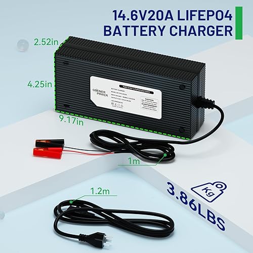 Miniatura 2 de GrenerPower Cargador de batería LiFePO4 de 12 V 20 A, cargador de batería Lipo de 14.6 V 20 A con indicador LED, cargador de litio de carga rápida,