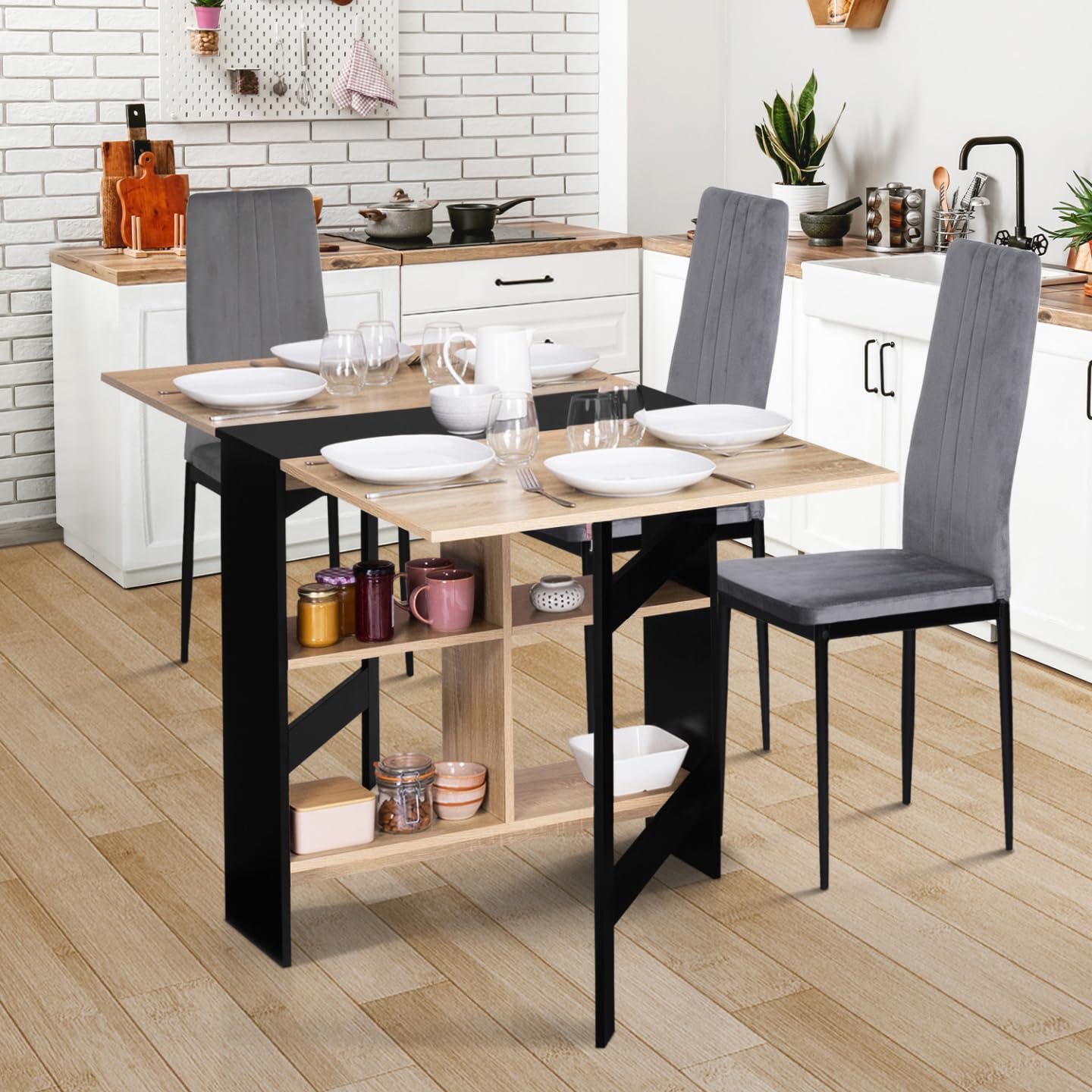 IDMarket - Table Console Pliable EDI 2-6 Personnes avec rangements Bois Noir Plateau façon hêtre 150 x 80 cm