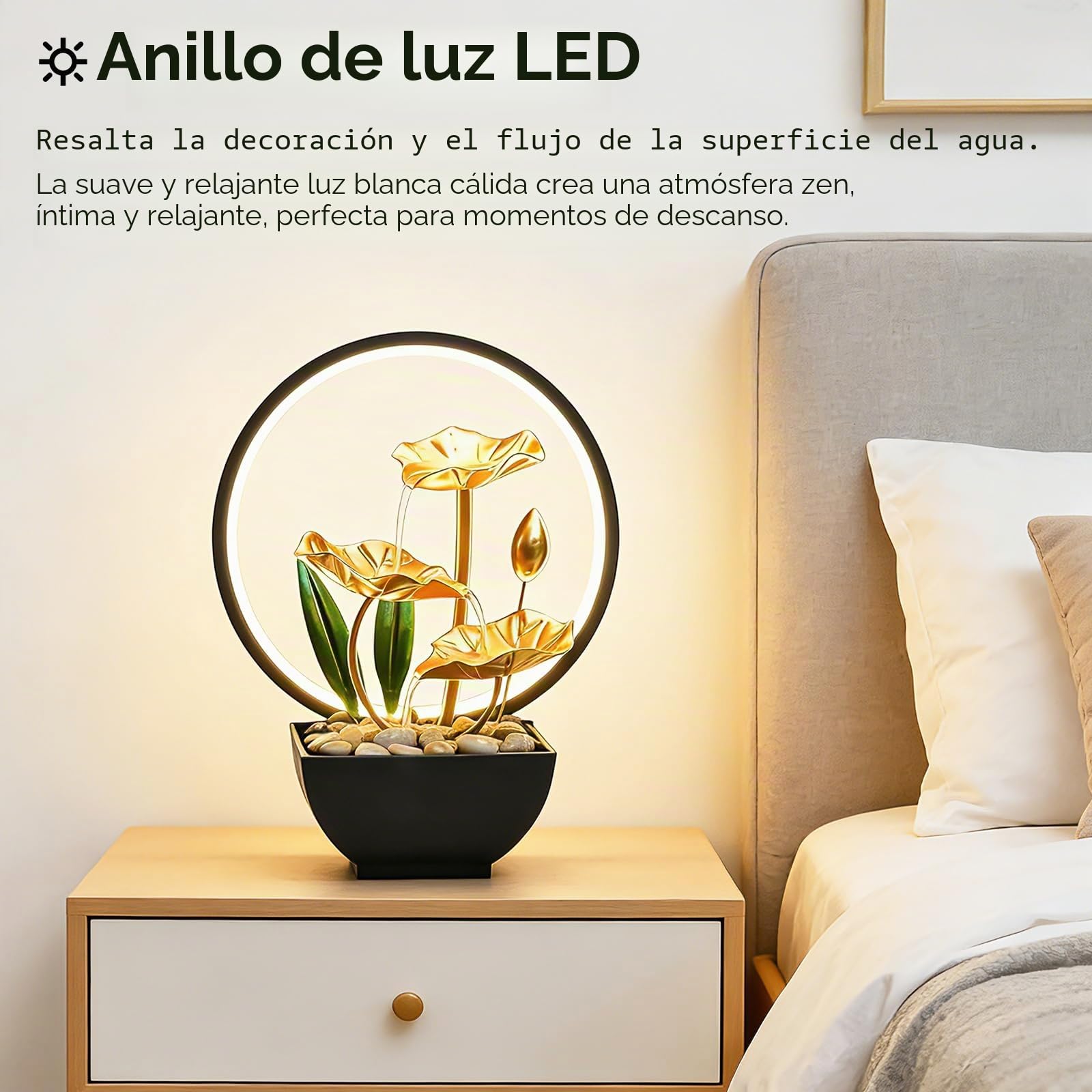 Fuente de habitación con cascada, fuente de mesa con iluminación LED moderna decoración Zen con bomba silenciosa de 3 niveles, mini fuente de habitación pequeña para casa, oficina, sala de estar