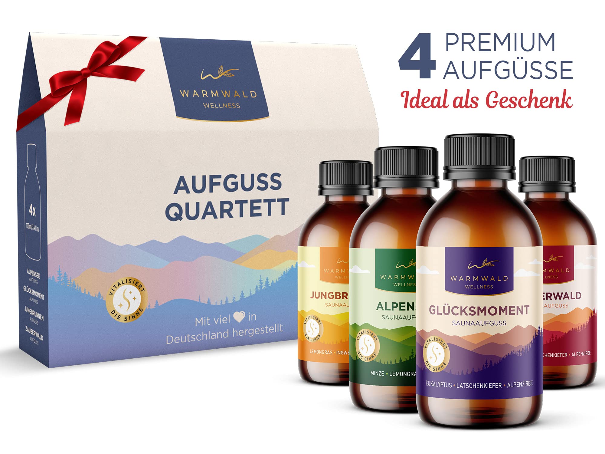Warmwald Saunaaufguss Aufgussmittel mit natürlichen ätherischen Ölen Saunaöl Saunaduft QUARTETT 4 x 100ml