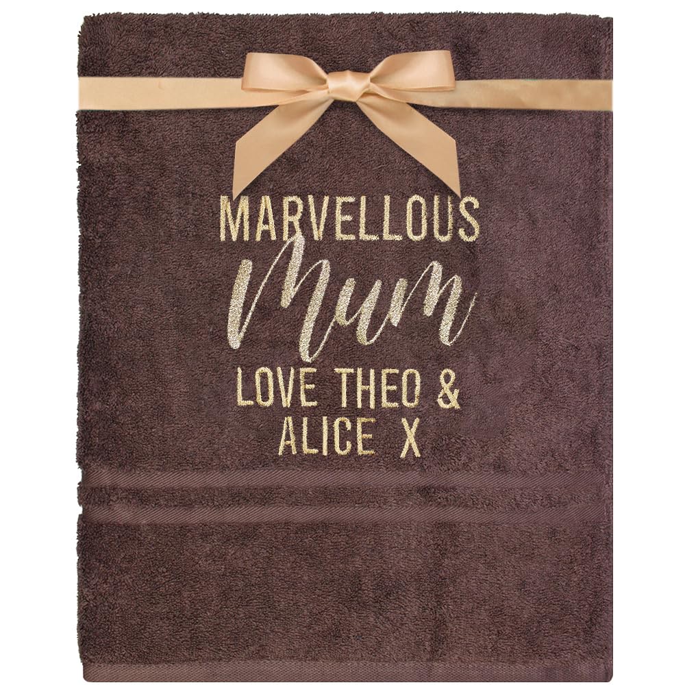 Teddyt's Pink Personalised Mother's Day Mum Marvellous Gift Message Gold & Chocolate Bath Towel