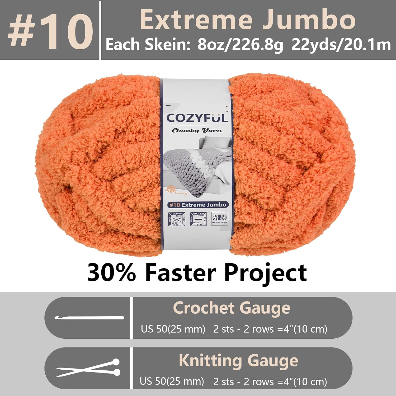 Cozyful Chunky Yarn for Hand Knitting - #10 Chunky Chenille Yarn, Jumbo Big Thick Chunky Yarns for Crocheting, Super Bulky Chunky Knit Blanket Yarns, 8 Skein (22 yds 8 oz Each Skein), Pumpkin Orange thumbnail