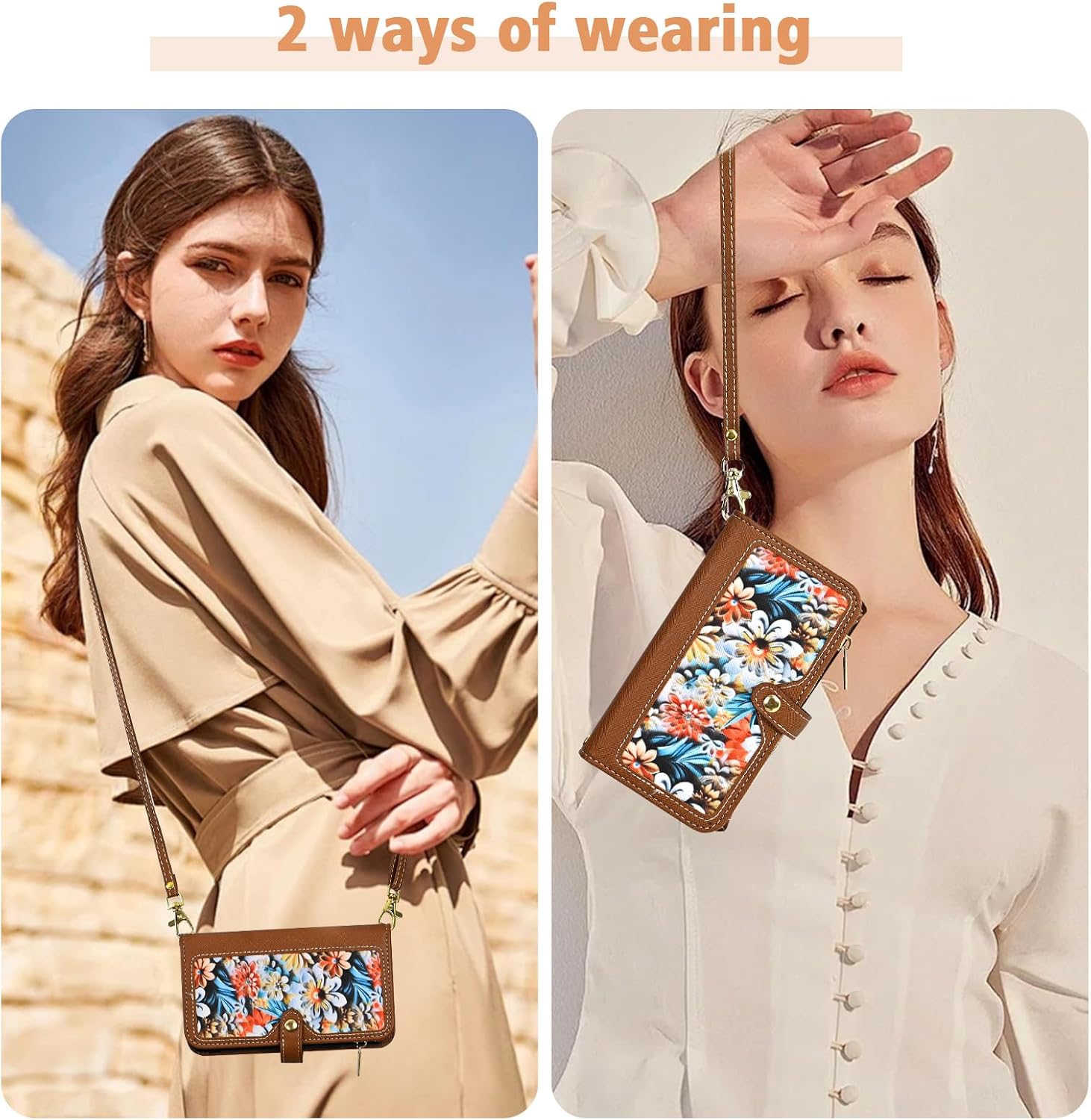 Floral Wallet Case for Samsung Galaxy S25 FE 5G with Wrist/Shoulder Strap Flip Zipper Purse, Luxury PU Leather Credit ID Card Holder Stand Phone Cover for S 25 EF S25FE 25S 25FE Women Brown