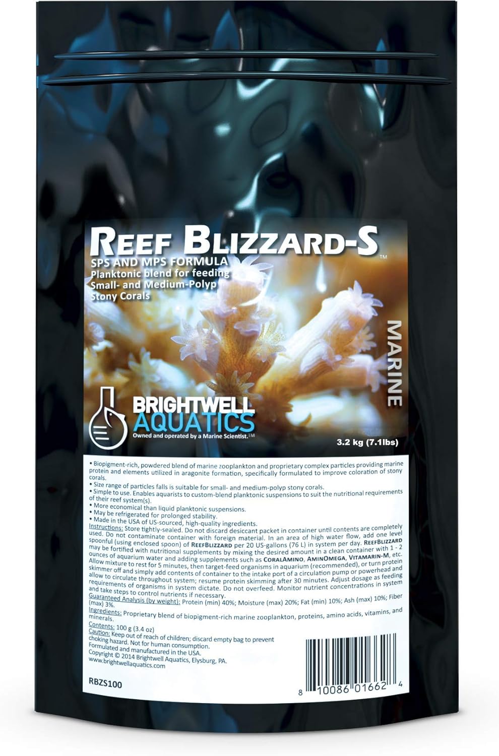Brightwell Aquatics Reef Blizzard-S - Powdered Planktonic Blend for Feed Small and Medium-Polyp Stony Corals, 100g (RBZS100)