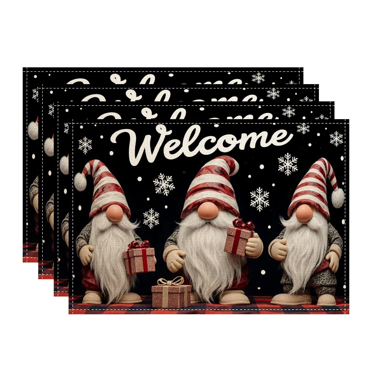 Welcome Gnomes Placemats, Black Holiday Decorative Place Mats for Dining Table, Winter Festive Non-Slip Washable Indoor Outdoor Kitchen Party Decorative Placemat Set of 4
