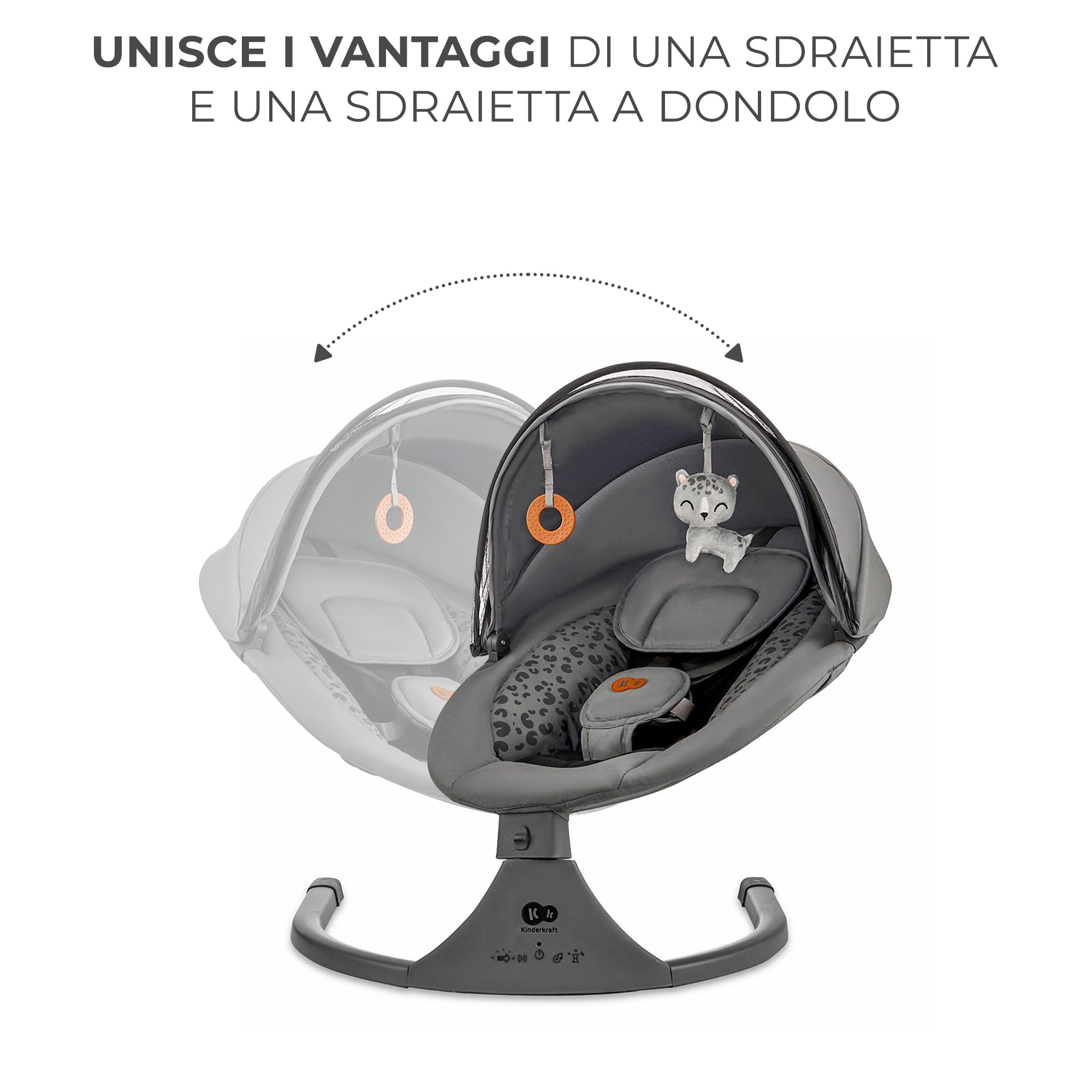 Kinderkraft LUMI 2 Sdraietta, Altalena elettrica, Dalla nascita fino a 9 mesi, Altezza regolabile, 5 modalità di altalena, 12 melodie, Arco con giocattoli, Grigio scuro