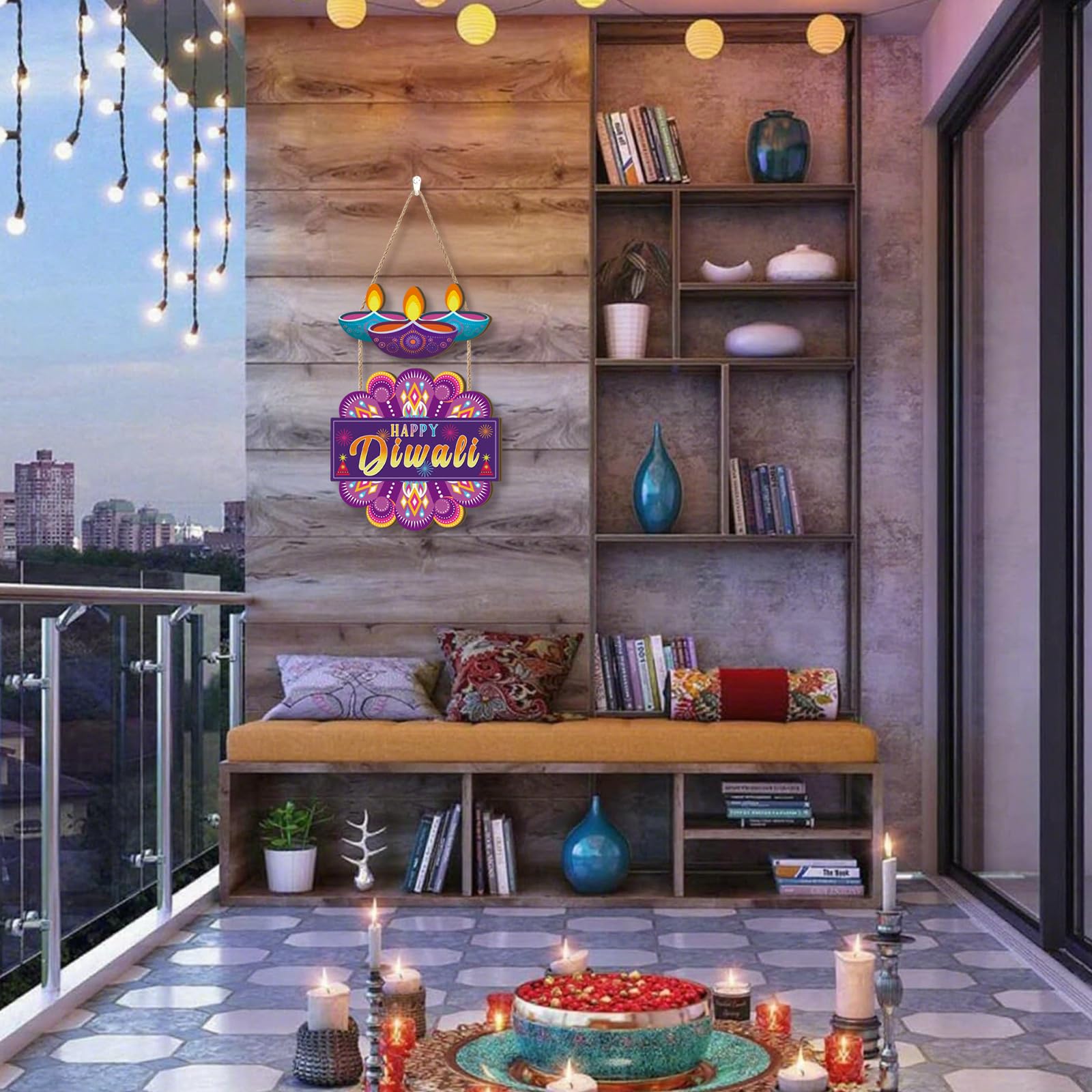 Aurlan Letrero de puerta Happy Diwali, decoración de madera para fiesta de Diwali, festival de luces, placa de pared temática Deepavali, decoración de puerta Diyas, letrero colgante de madera Dewalee