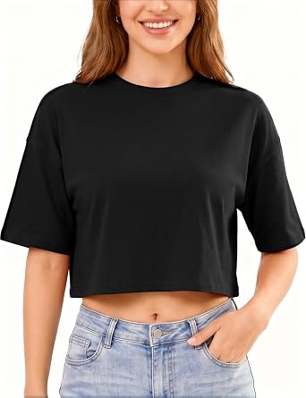Womens Basic Crop Top Drop Shoulder T Shirt Half Sleeve Cropped Tee Crewneck Short Sleeve Casual Summer Solid Crop Tops