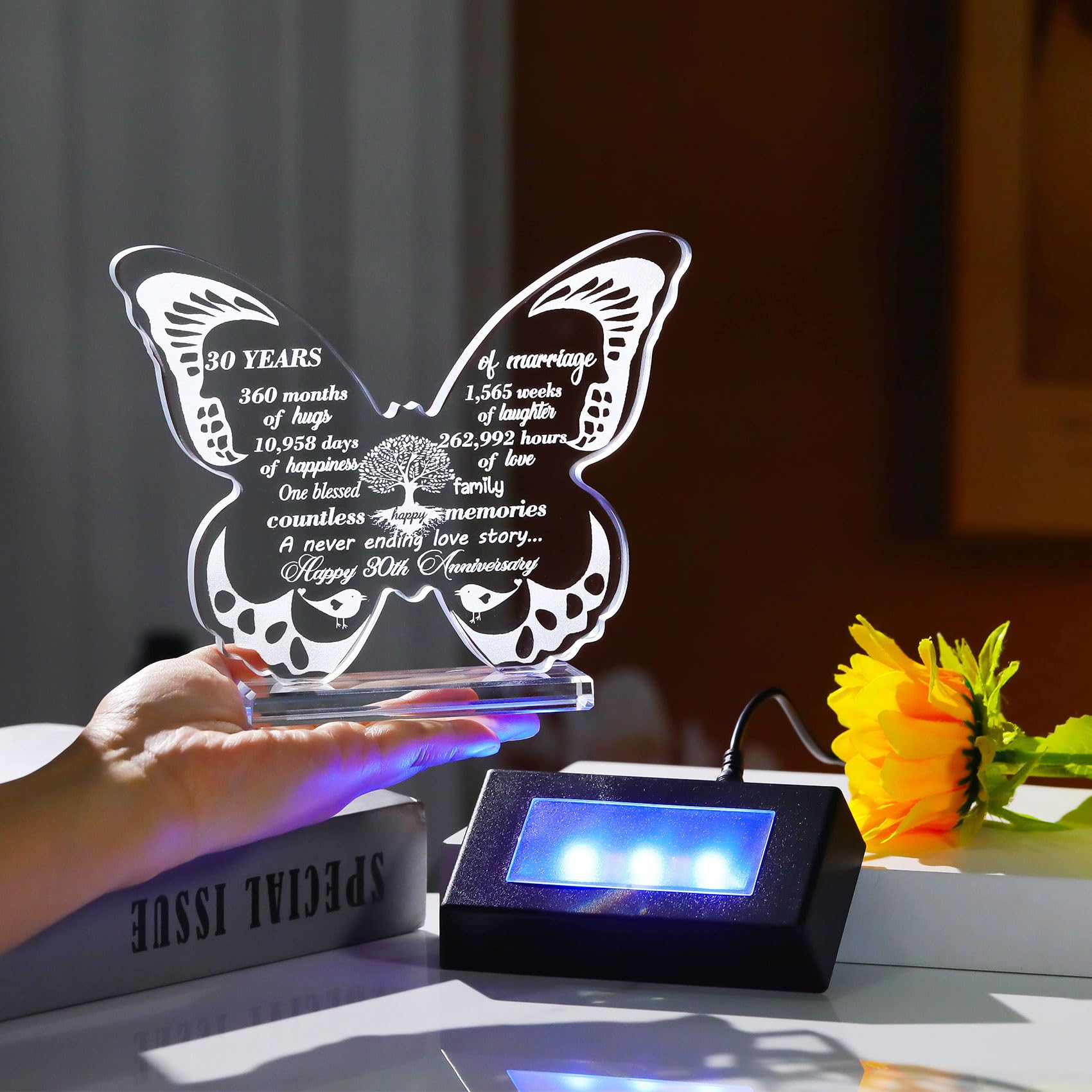 Ornalrist 13.6cm Glass Happy 30th Wedding Anniversary Love Gifts for Parents Couples- 30th Anniversary Butterfly Keepsake with LED Base Home Ornaments - Image 4