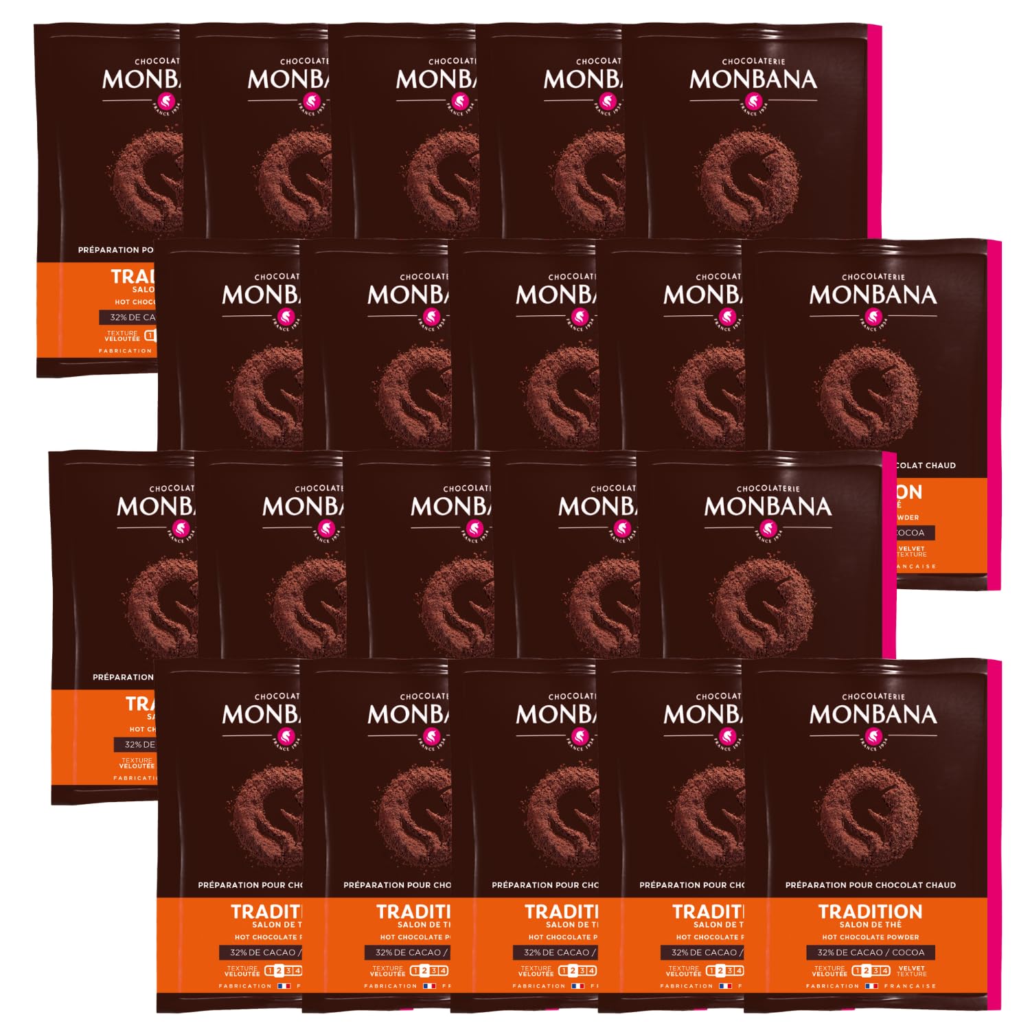 MONBANA | 20 sachets de chocolat TRADITION - SALON DE THÉ | Doses individuelles de 20 g de chocolat en poudre à déguster tout au long de la journée