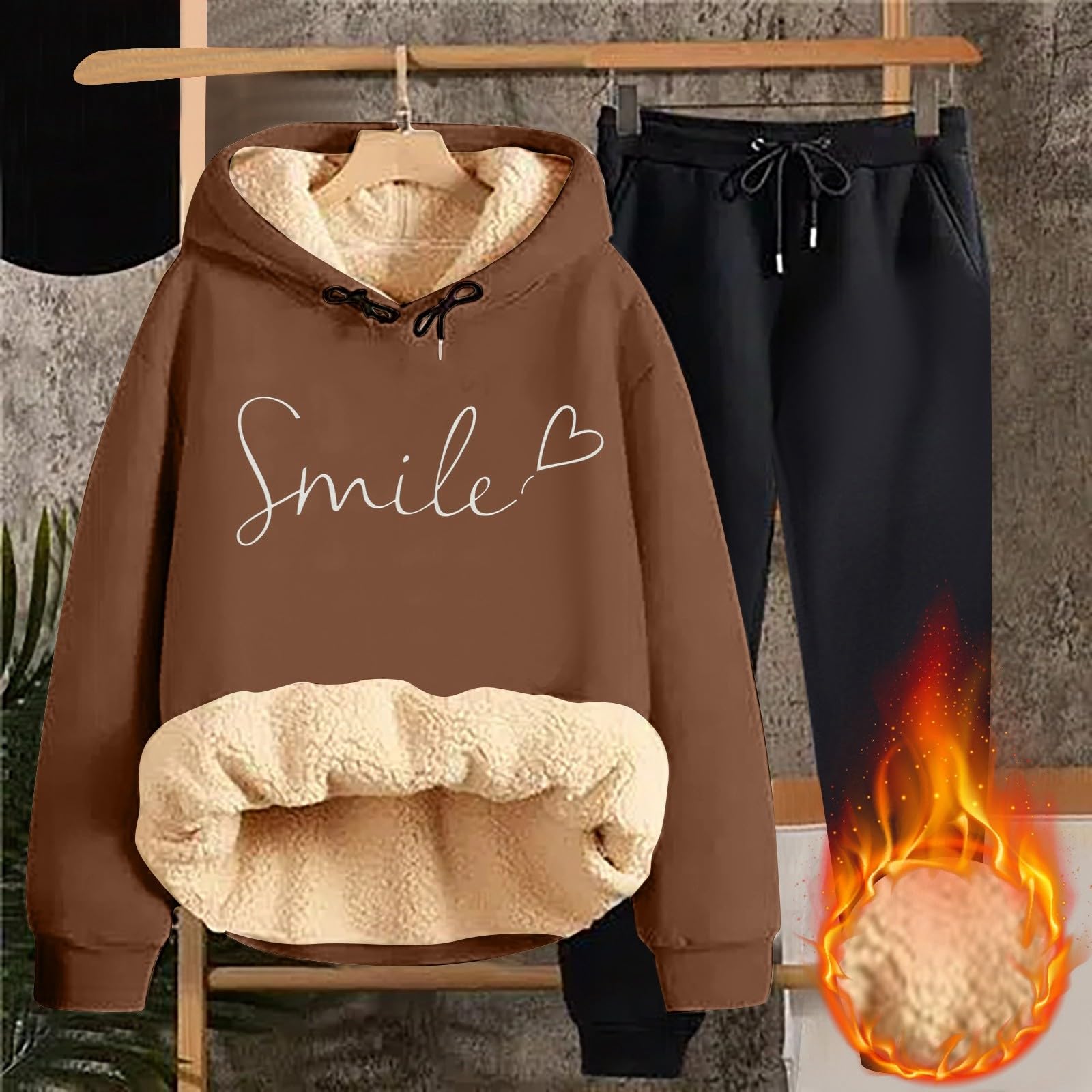 Cardigan invernale da donna, spesso, caldo, tinta unita, con cappuccio, giacca, pantaloni, due pezzi