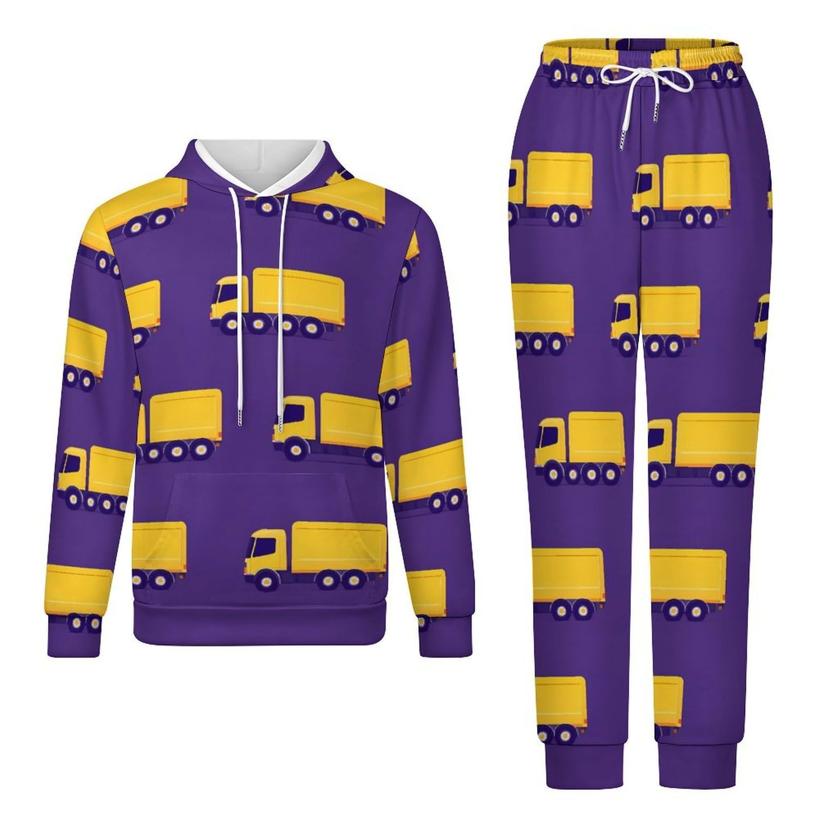 Giallo Truck Pattern Tute per gli Uomini Manica Lunga Felpa Con Cappuccio E Pantaloni Della Tuta Joggers Set Moda Tute