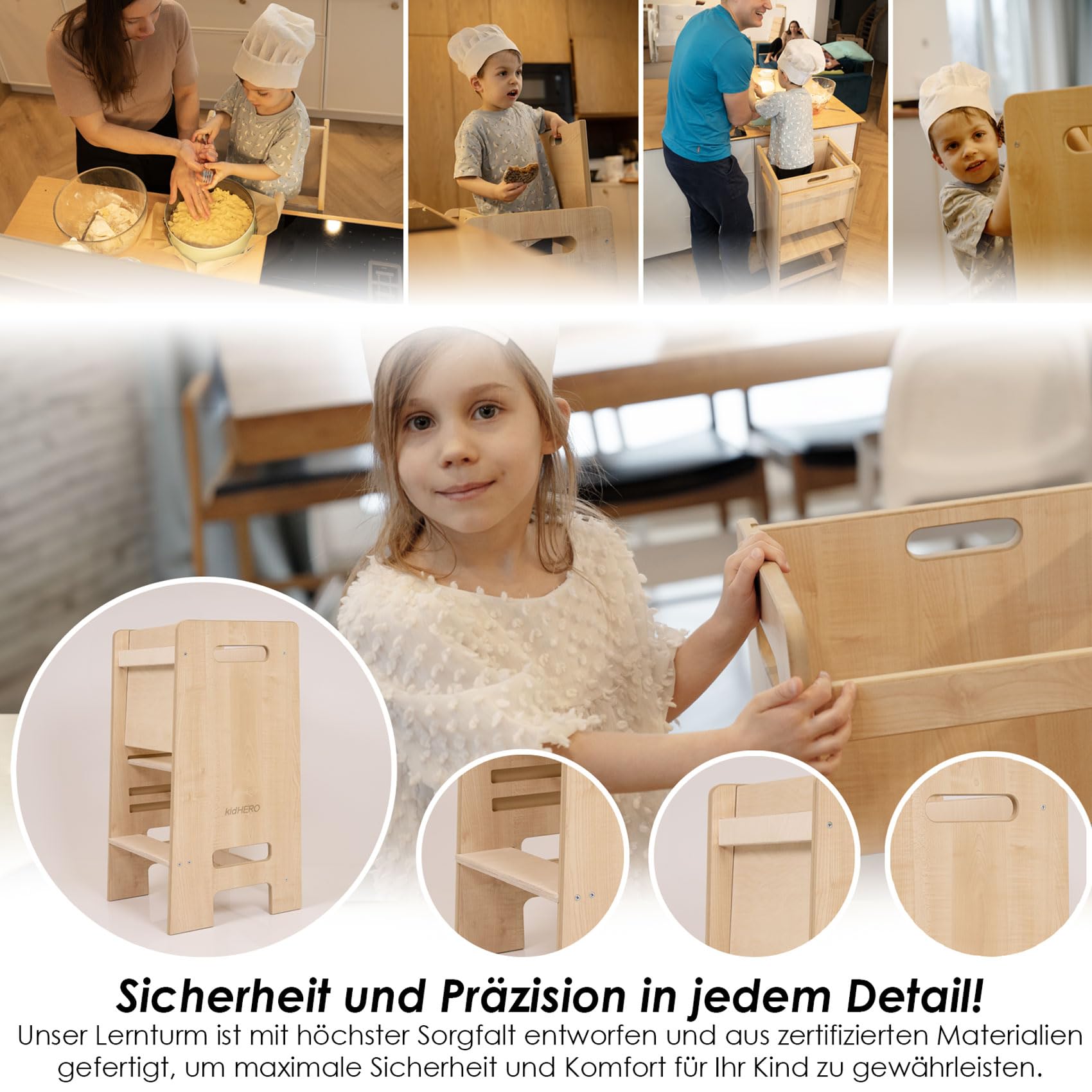 PaLulli® Höhenverstellbarer Montessori Lernturm ab 1 Jahr mit Kippschutz – 3-stufiger Learning Tower für Jungen & Mädchen – Sicherer Küchenhelfer Tritthocker für Kinder