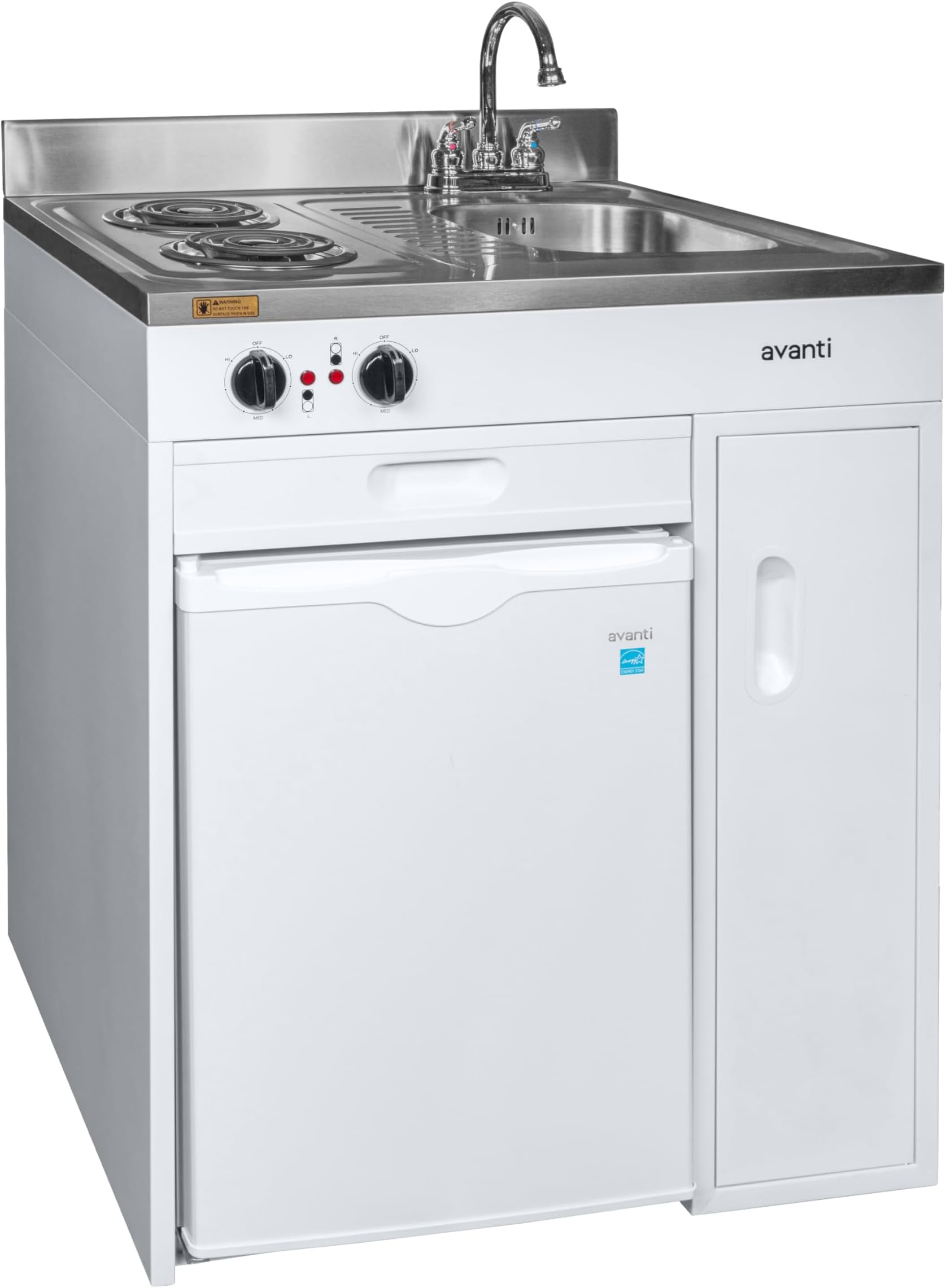 Avanti CK3016 Energy Star Certified Full Compact Kitchen, Built in Kitchenette Stainless Steel Counter, Two Element Cooking Range, Refrigerator & Storage, 30-Inch, White