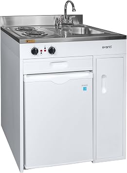 Avanti CK3016 Energy Star Certified Full Compact Kitchen, Built in Kitchenette Stainless Steel Counter, Two Element Cooking Range, Refrigerator & Storage, 30-Inch, White