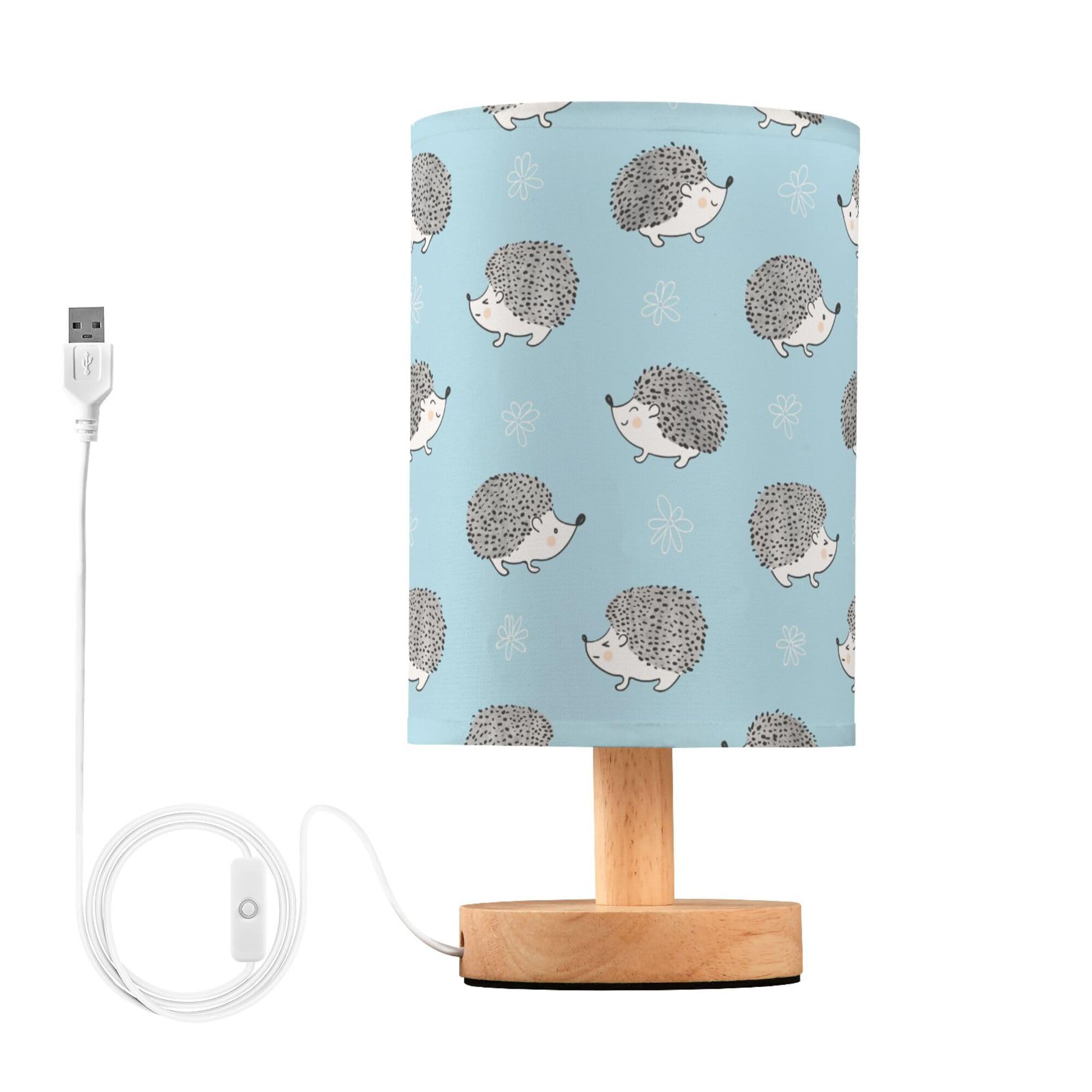 YYZZH Table Lamp Hedgehog Flower on Watercolor Blue Nightstand Lamp with Wood Base Fabric Lamp Shade Bedside Desk Lamp for Living Room Bedroom Kids Room Office