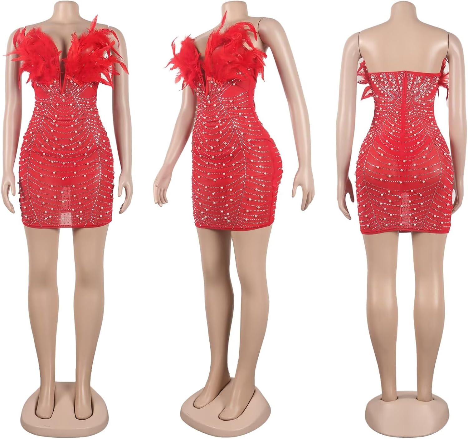 LROSEY Birthday Dresses for Women Sexy See Bodycon Mesh Sheer Strapless Feather Rhinestone Mini Dress Club Party Outfits - Image 7