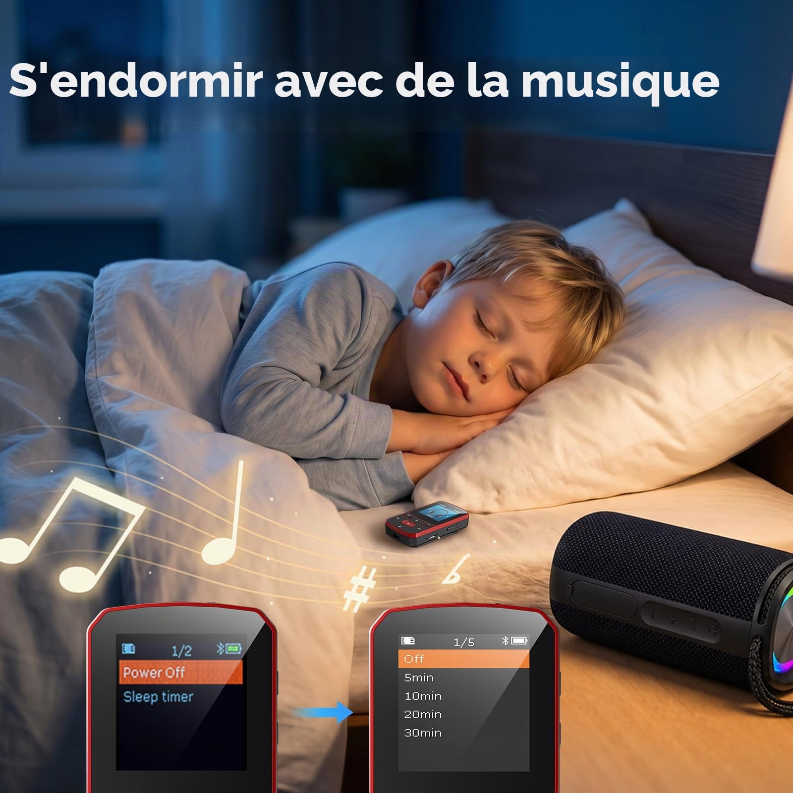 Lecteur MP3 64Go Bluetooth 5.3, Mini Portable 29g Fonction Reprise, Baladeur Numérique Sport Clip avec Boutons Physiques pour Utilisation à l'Aveugle, Radio FM, Dictaphone, Extensible jusqu'à 128Go