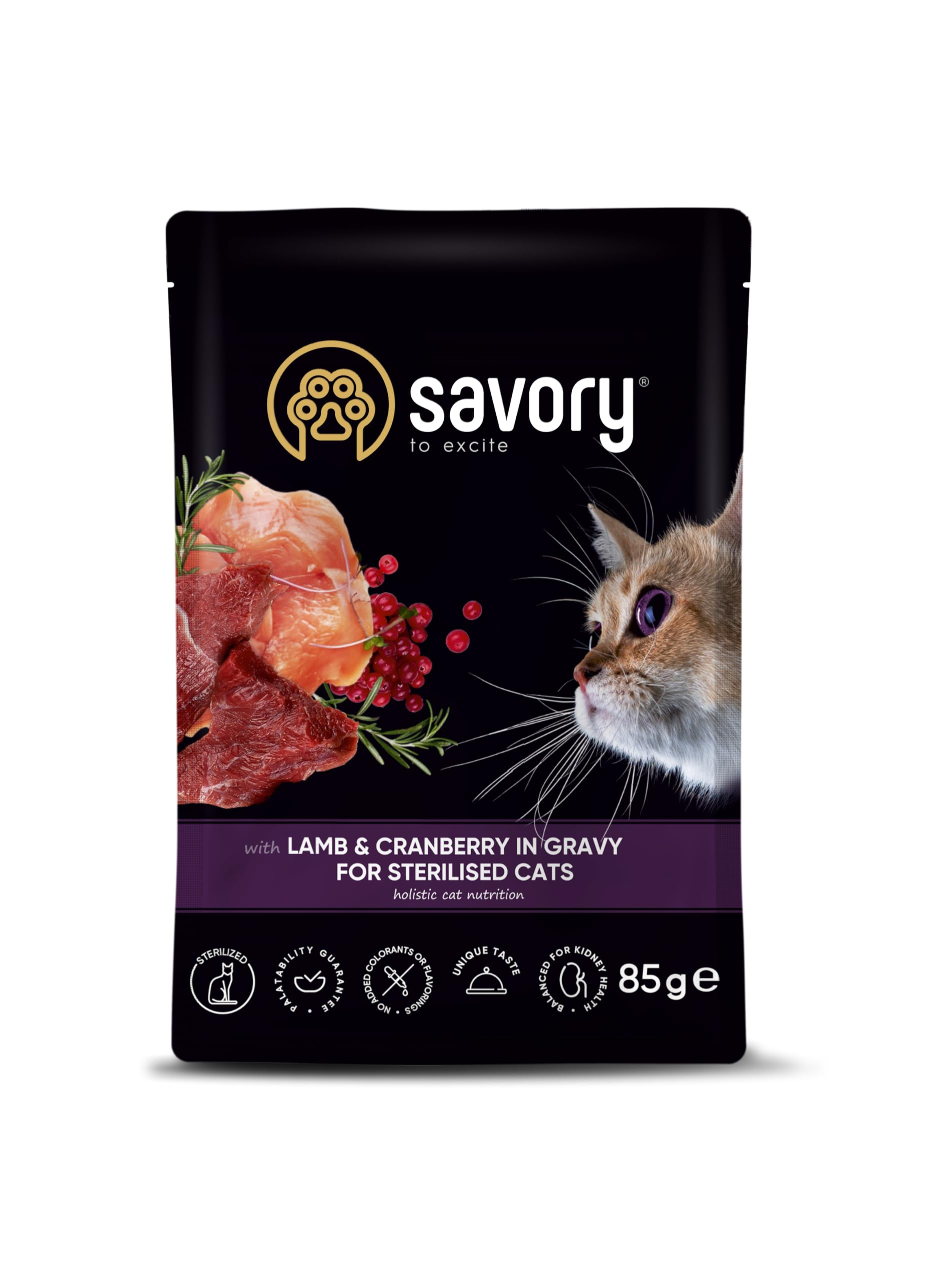 Savory - Katzenfutter Nass - Katzennassfutter - für Erwachsene Katze sterilisiert - Lamm & Preiselbeeren - Weiche Fleischstücke, mit Taurin, Vitamine E, D3, Zink - Nassfutter 48er-Pack (48x85 g)