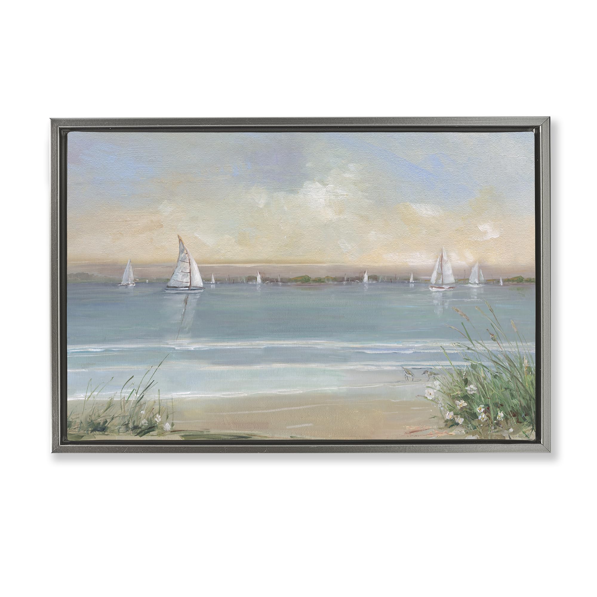 Stupell Industries Sailboats At Coastal Dawn 'Coastal Sailing At Dawn', Floating Frame Canvas Art, Gray, 25 X 17 Inches, Easy To Hang And Sturdy, Made In Usa, By Sally Swatland