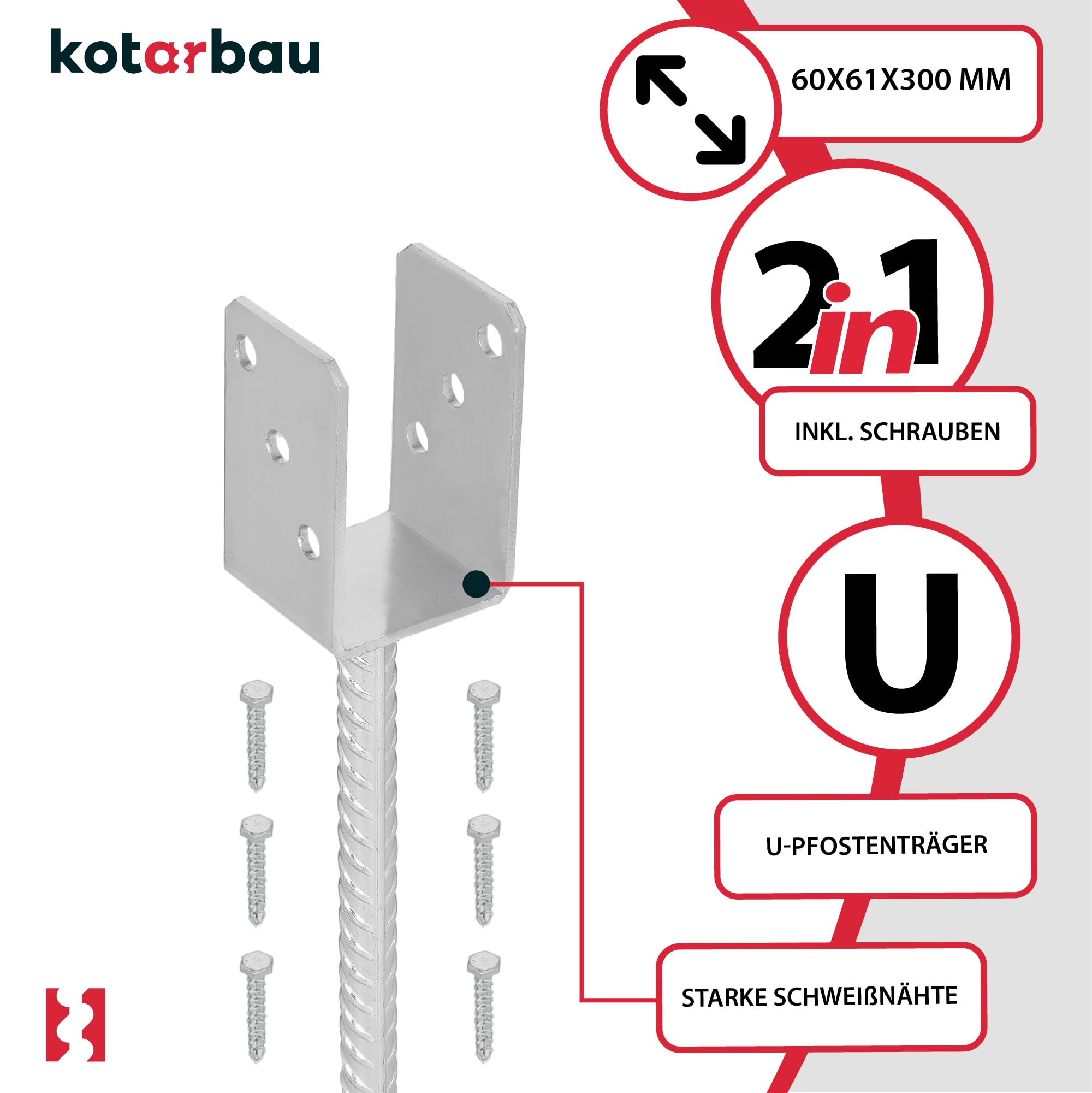 KOTARBAU® 2 pcs Support Poteau à Sceller - Acier Galvanisé - 61 mm - Argent - Pied de Poteau Bois - avec Ancrage Béton - Embase Robuste pour Clôture Jardin Terrasse