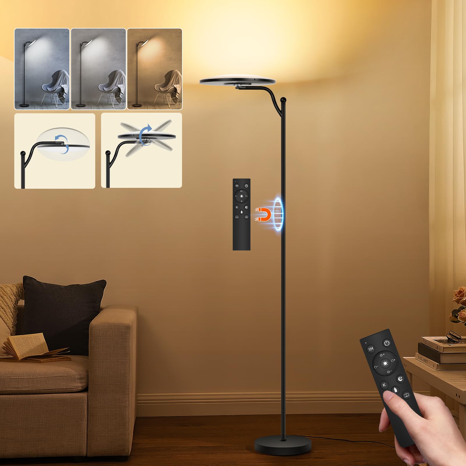 Oraymin Stehlampe Wohnzimmer 32W, Deckenfluter Stehleuchte Dimmbar mit Fernbedienung, 2700K-6500K Stehlampen LED Dimmbar Hohe Stehleuchte, Drehbare Stehlampe für Wohnzimmer Schlafzimmer Büro