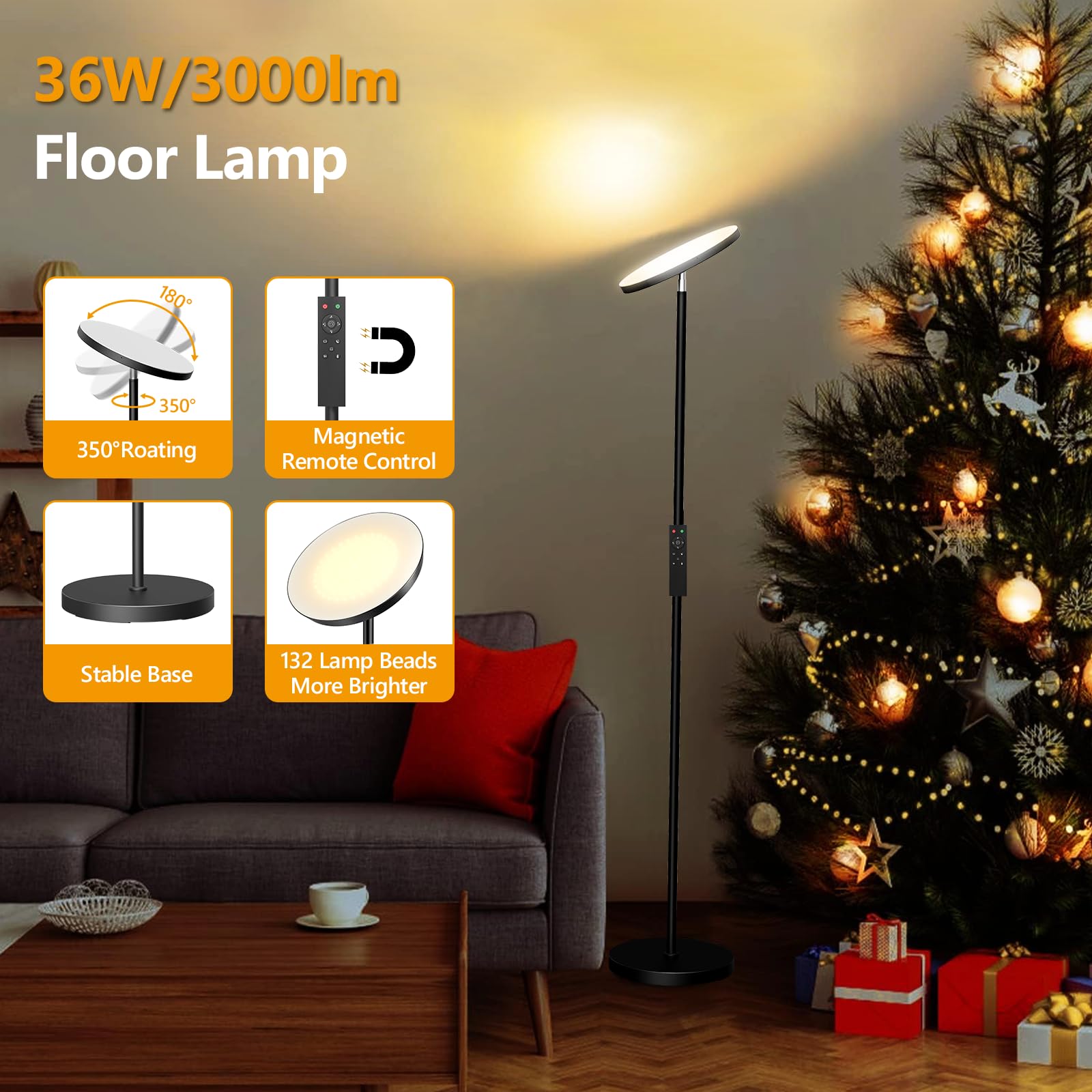 LUCKEA Lampa podłogowa LED 36 W do salonu, 3000 lm, super jasna, ściemnialna lampa podłogowa, 2700 K-6500K bezstopniowa ściemnianie, pilot i sterowanie dotykowe do salonu, sypialni i biura