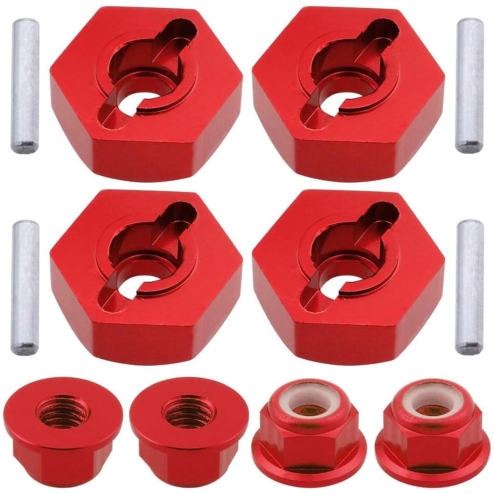HobbyPark Aluminum 12mm Wheel Hex Nuts & M4 Lock Nuts for 1/10 Scale RC Car Truck Crawler Buggy Short Course(8-Pack) (Red)