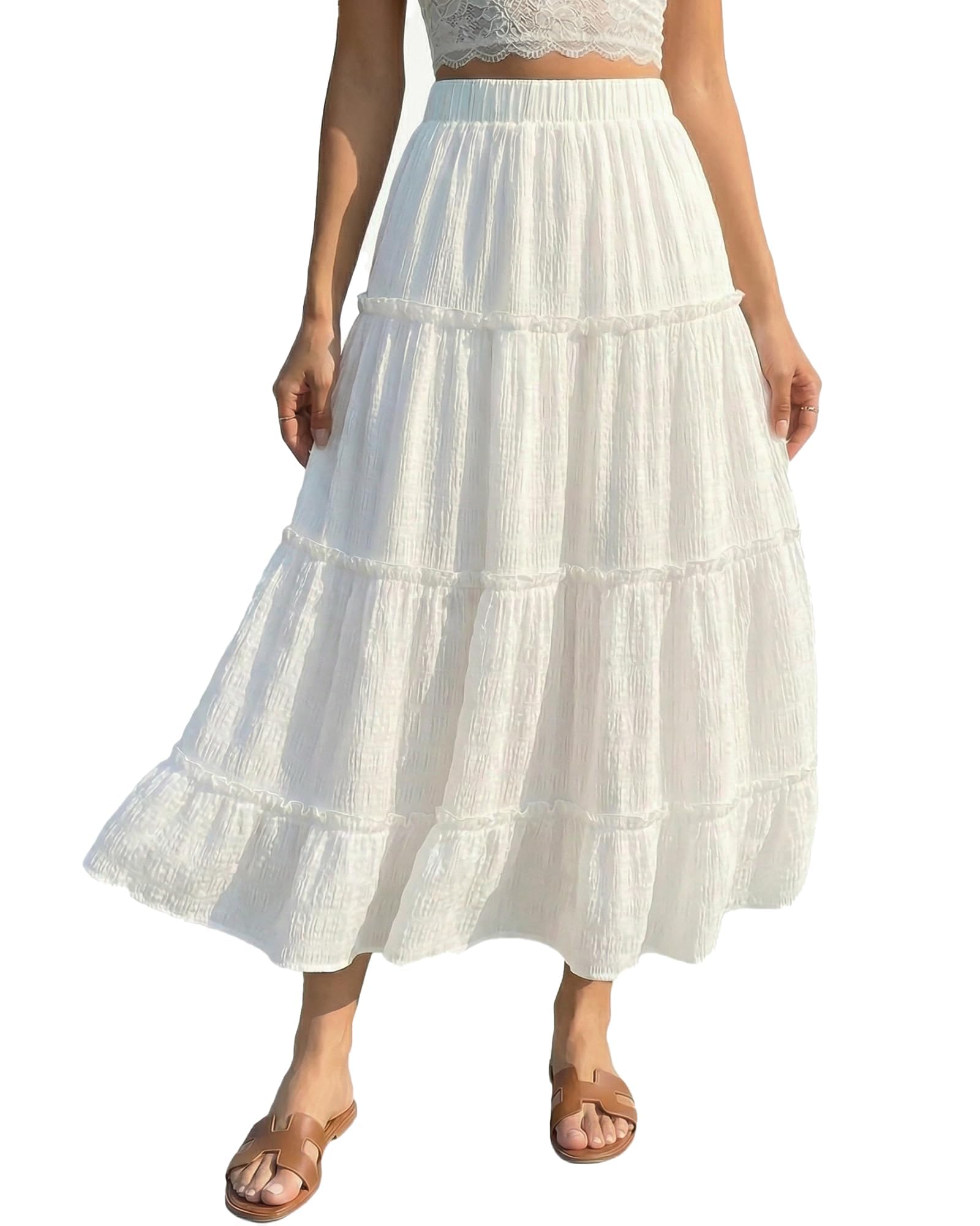 CUPSHE Damen Maxirock Sommerrock Boho A-Linie High Waist Volant Gesmokter Bund Leichter Strandrock Flowy Blickdicht Elegant Langer Rock