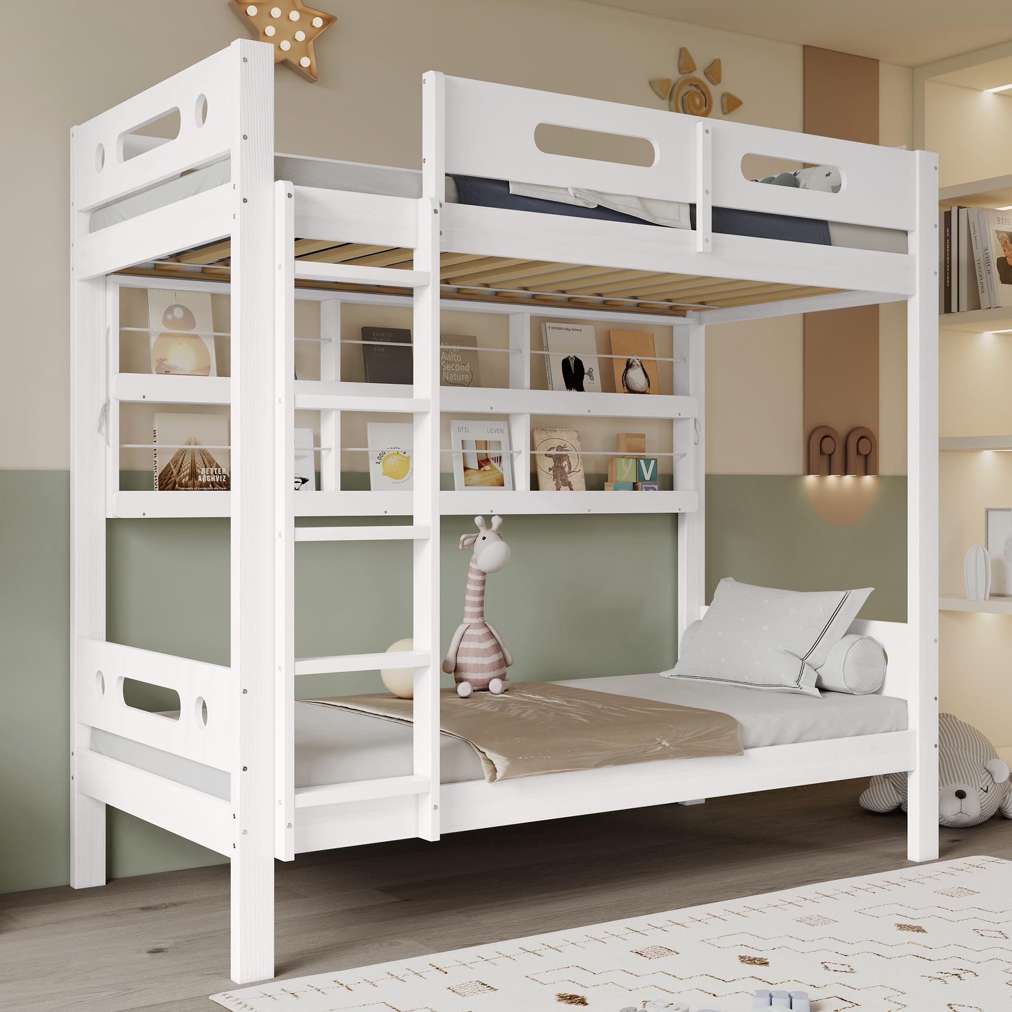 Azkoeesy Letto a castello con libreria per ragazzi e adulti, colore bianco, 90x200 cm - con sponda e doghe - legno di pino - portata massima 120 kg